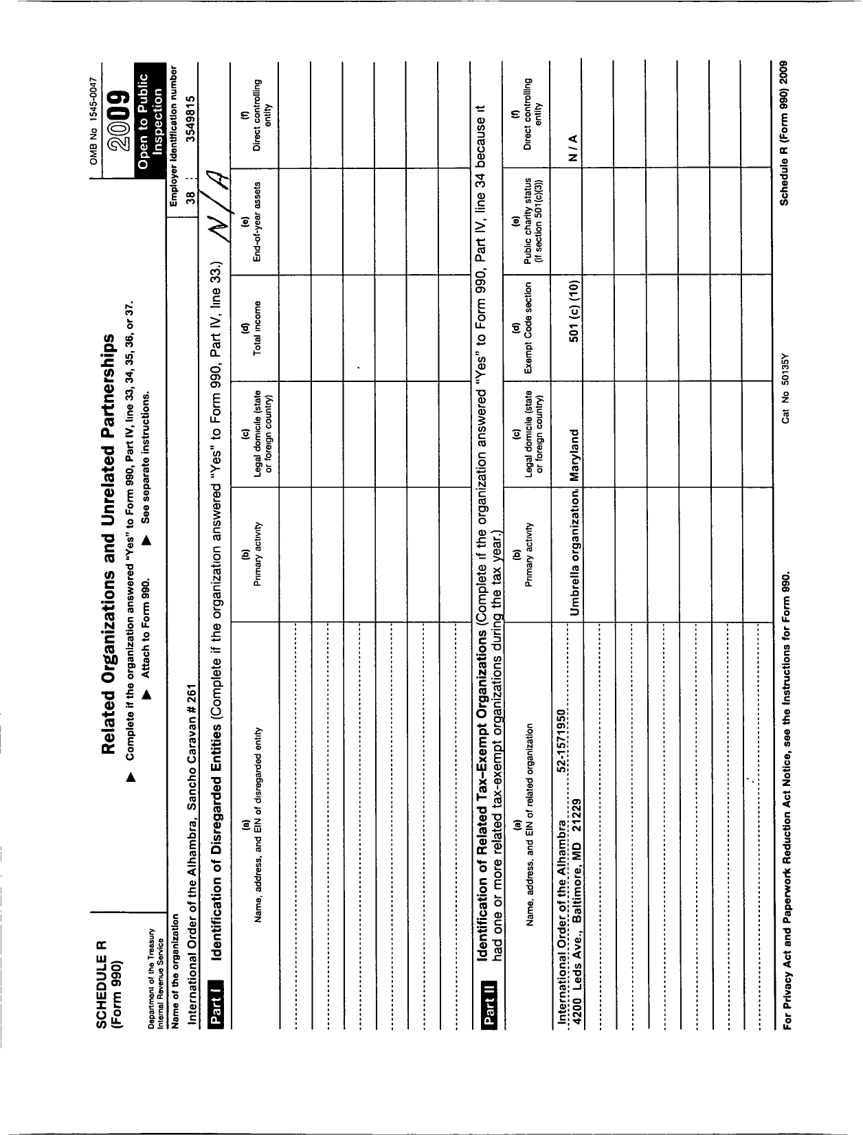 Image of first page of 2009 Form 990OR for Order of the Alhambra - 261 Sancho Caravan