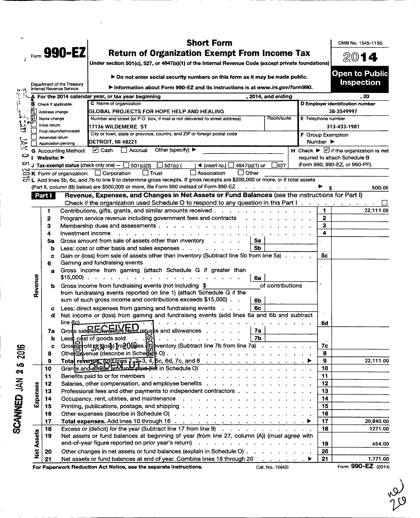 Image of first page of 2014 Form 990EO for Global Projects for Hope Help and Healing