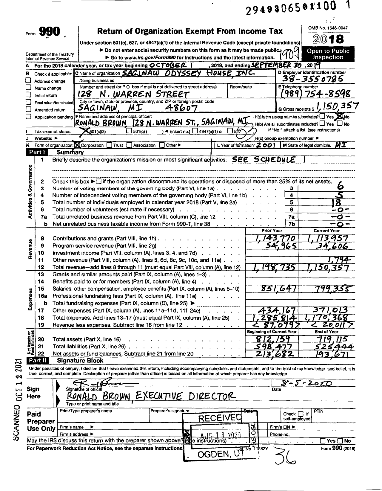 Image of first page of 2018 Form 990 for Saginaw Odyssey House