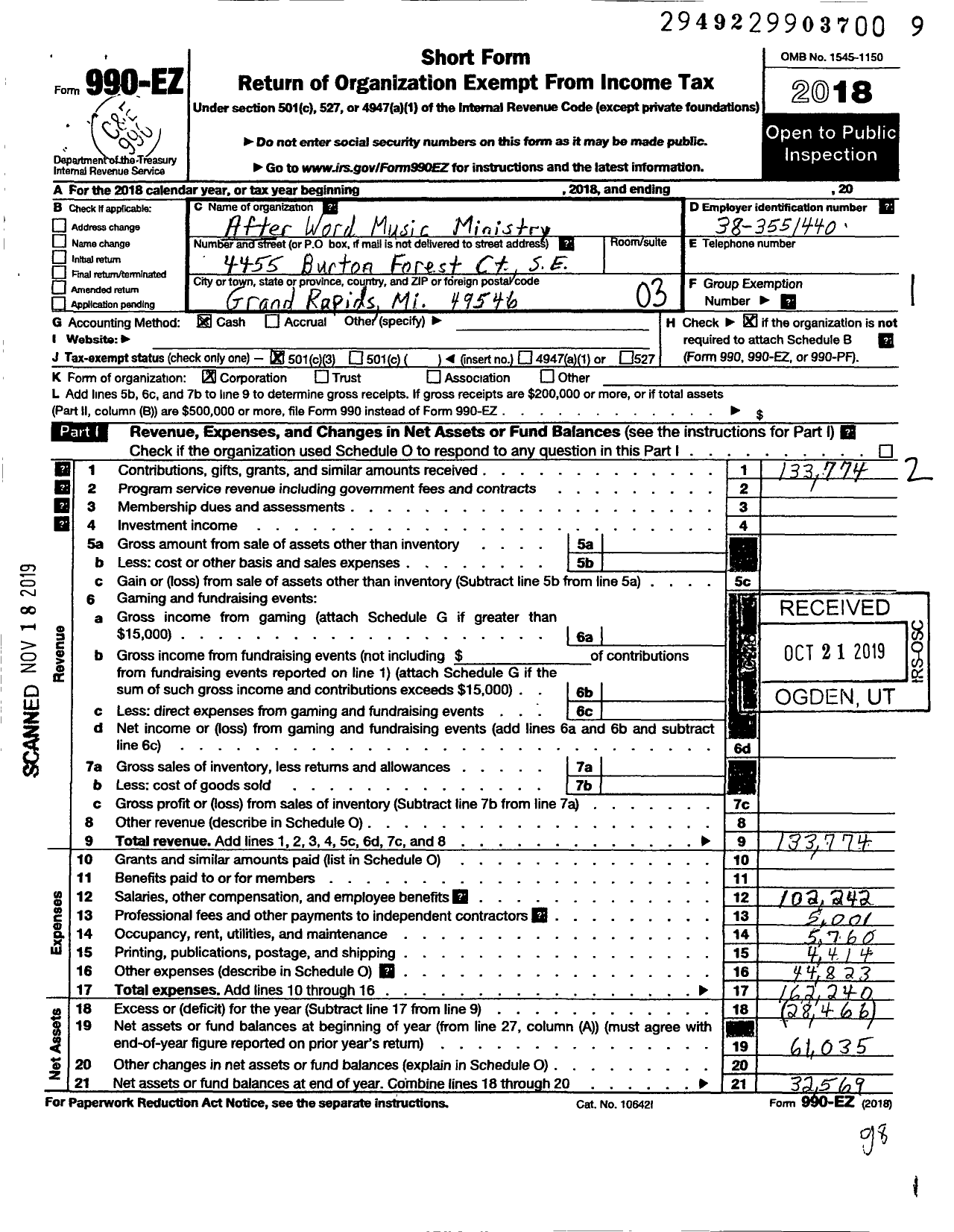 Image of first page of 2018 Form 990EZ for After Word Music Ministry