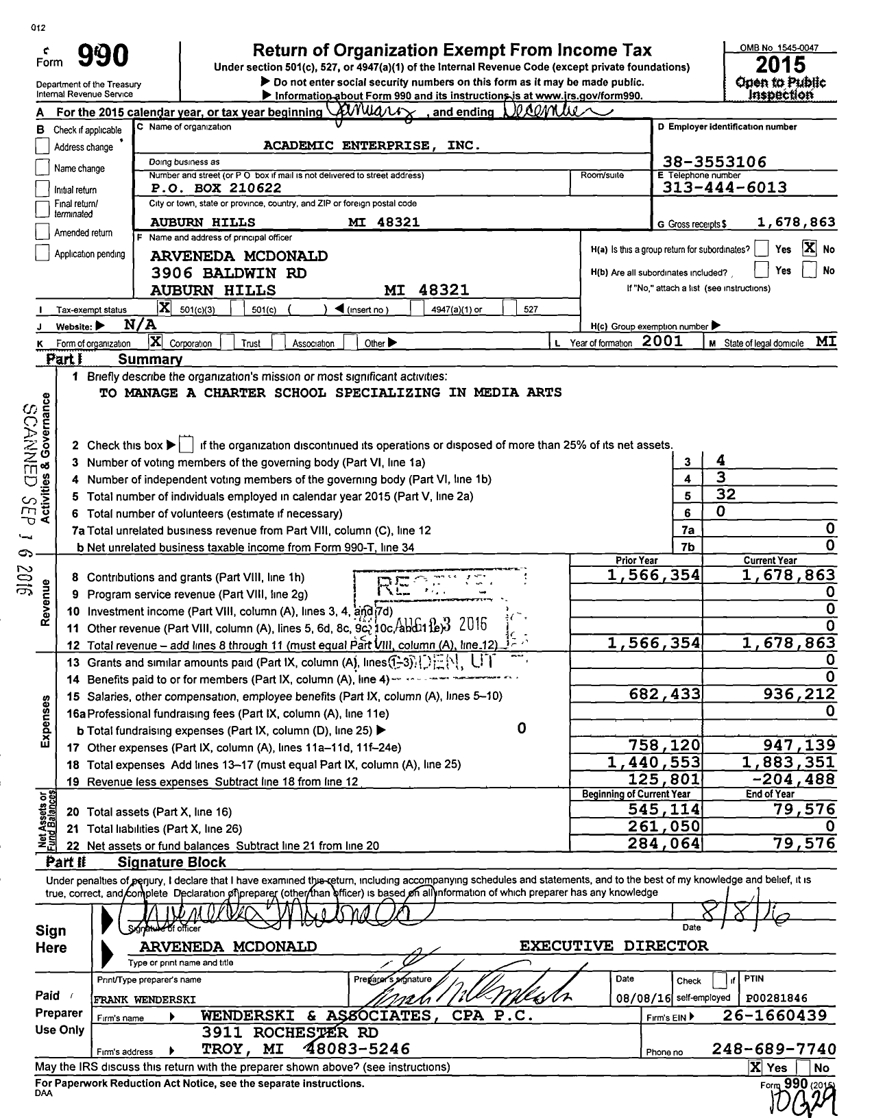 Image of first page of 2015 Form 990 for Academic Enterprise Incoporated