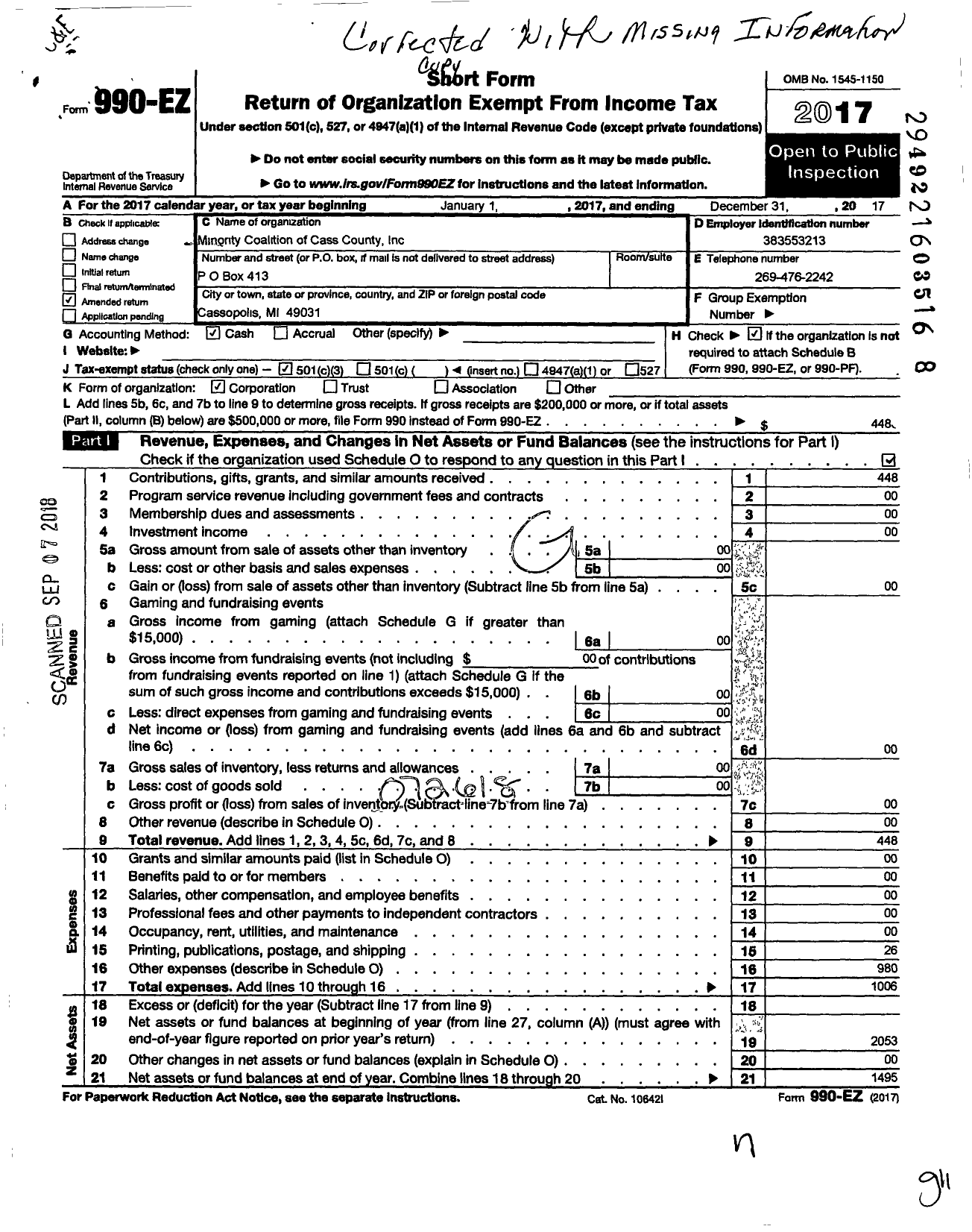 Image of first page of 2017 Form 990EZ for Minority Coalitions of Cass County