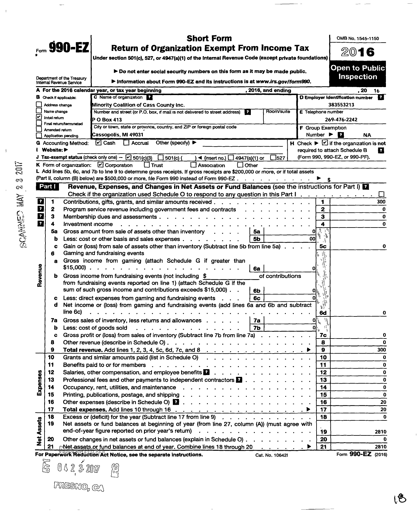 Image of first page of 2016 Form 990EZ for Minority Coalitions of Cass County