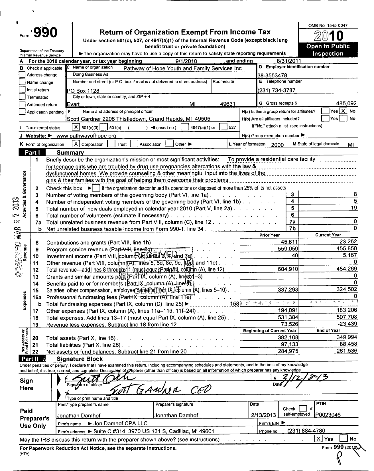 Image of first page of 2010 Form 990 for Pathway of Hope Youth and Family Services