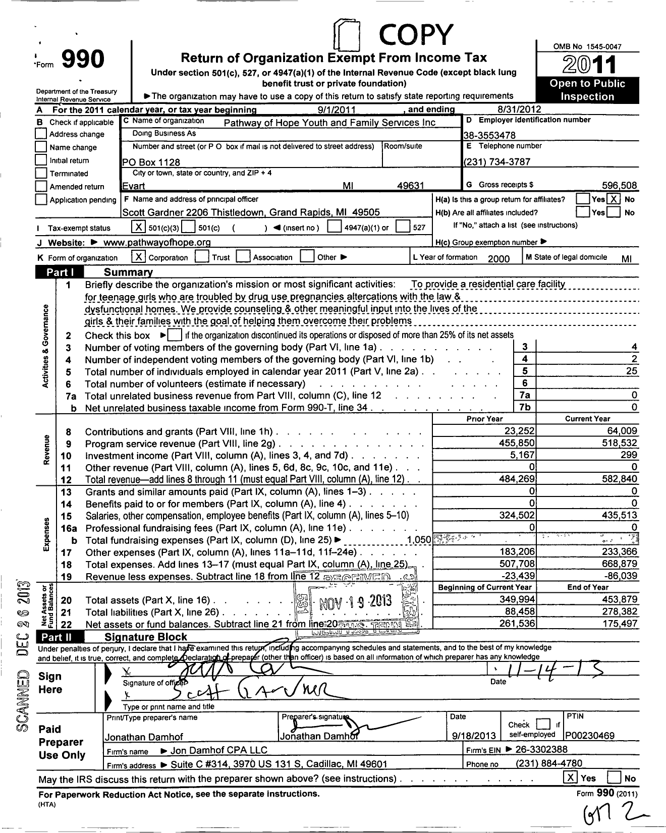 Image of first page of 2011 Form 990 for Pathway of Hope Youth and Family Services