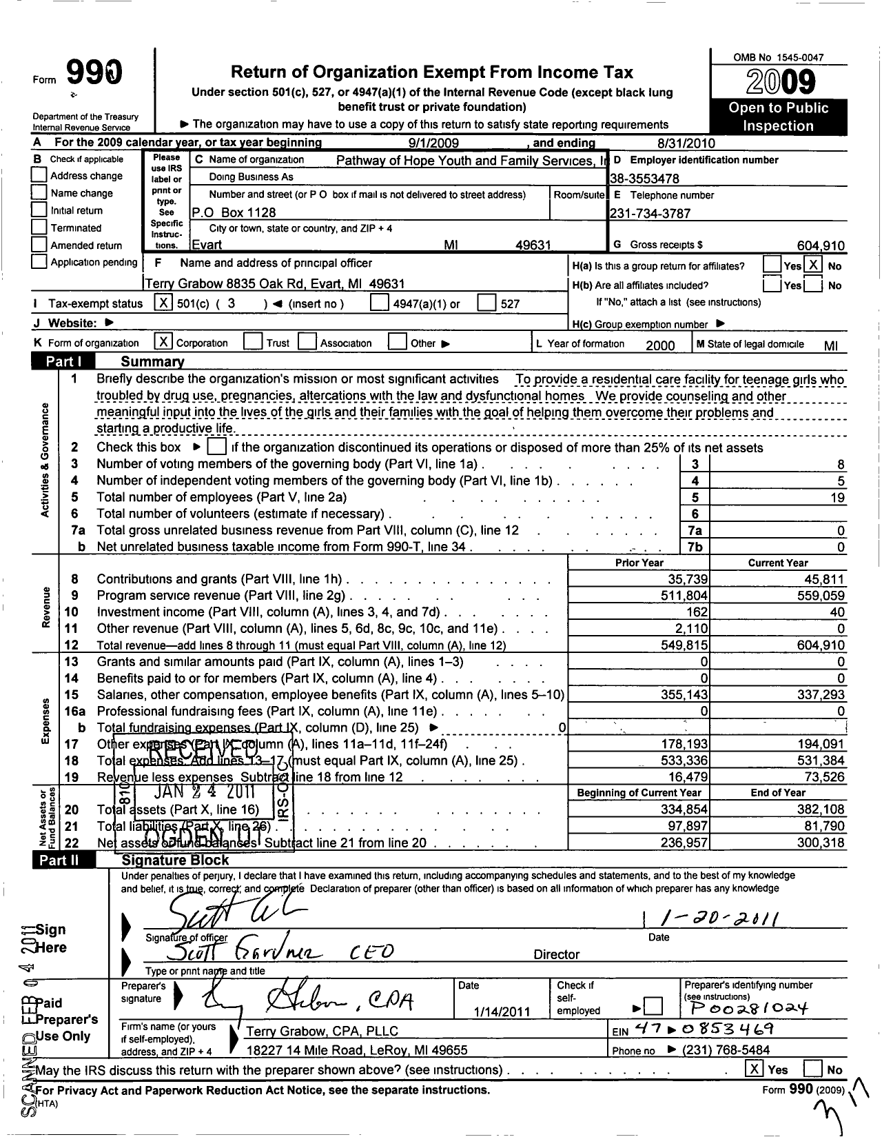 Image of first page of 2009 Form 990 for Pathway of Hope Youth and Family Services