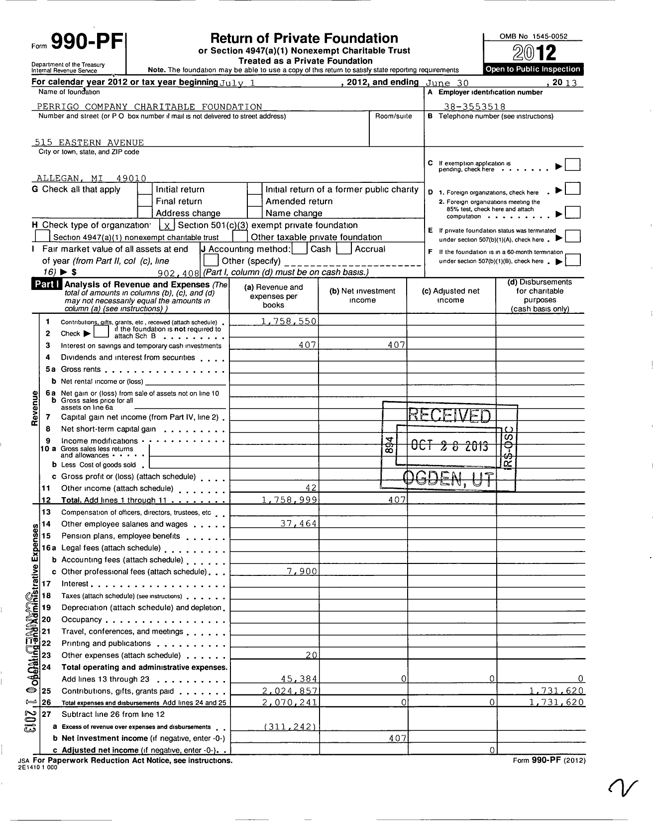 Image of first page of 2012 Form 990PF for Perrigo Company Charitable Foundation