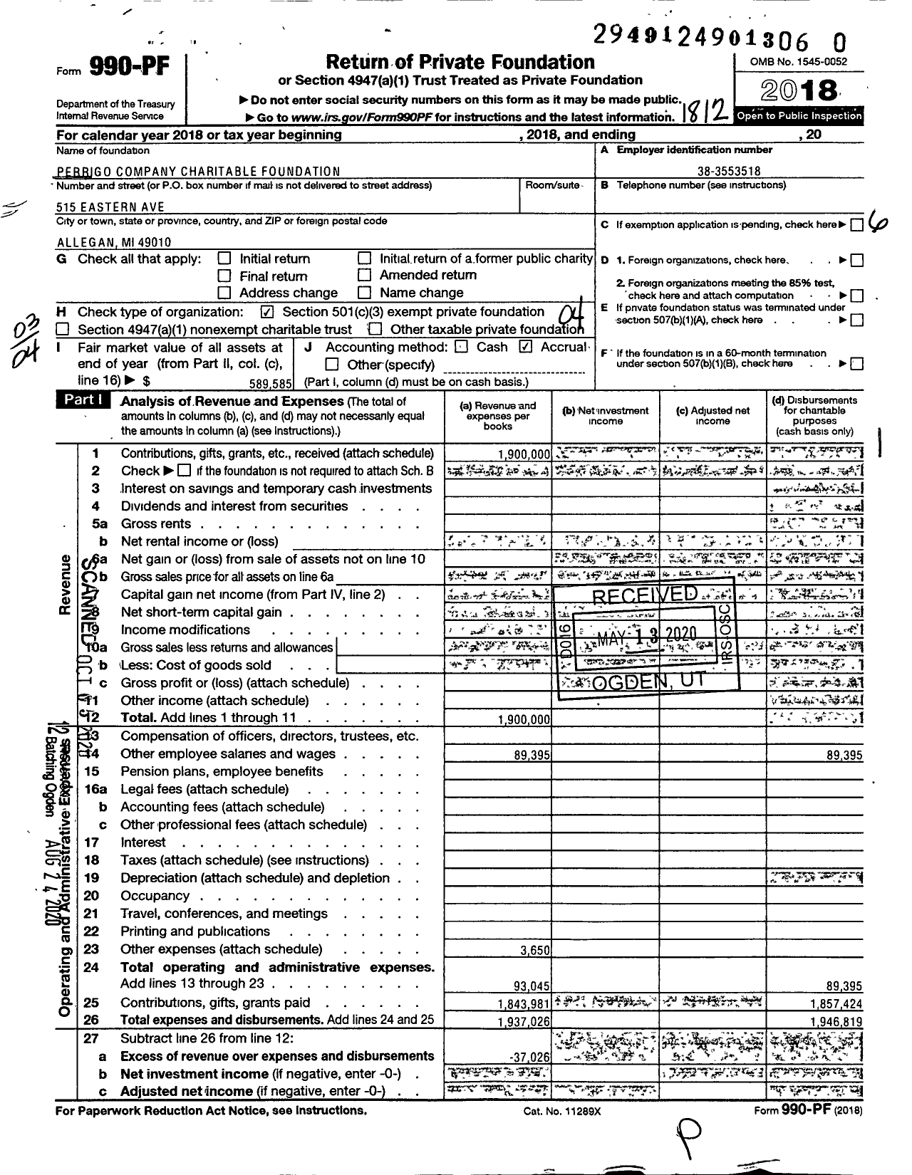 Image of first page of 2018 Form 990PR for Perrigo Company Charitable Foundation