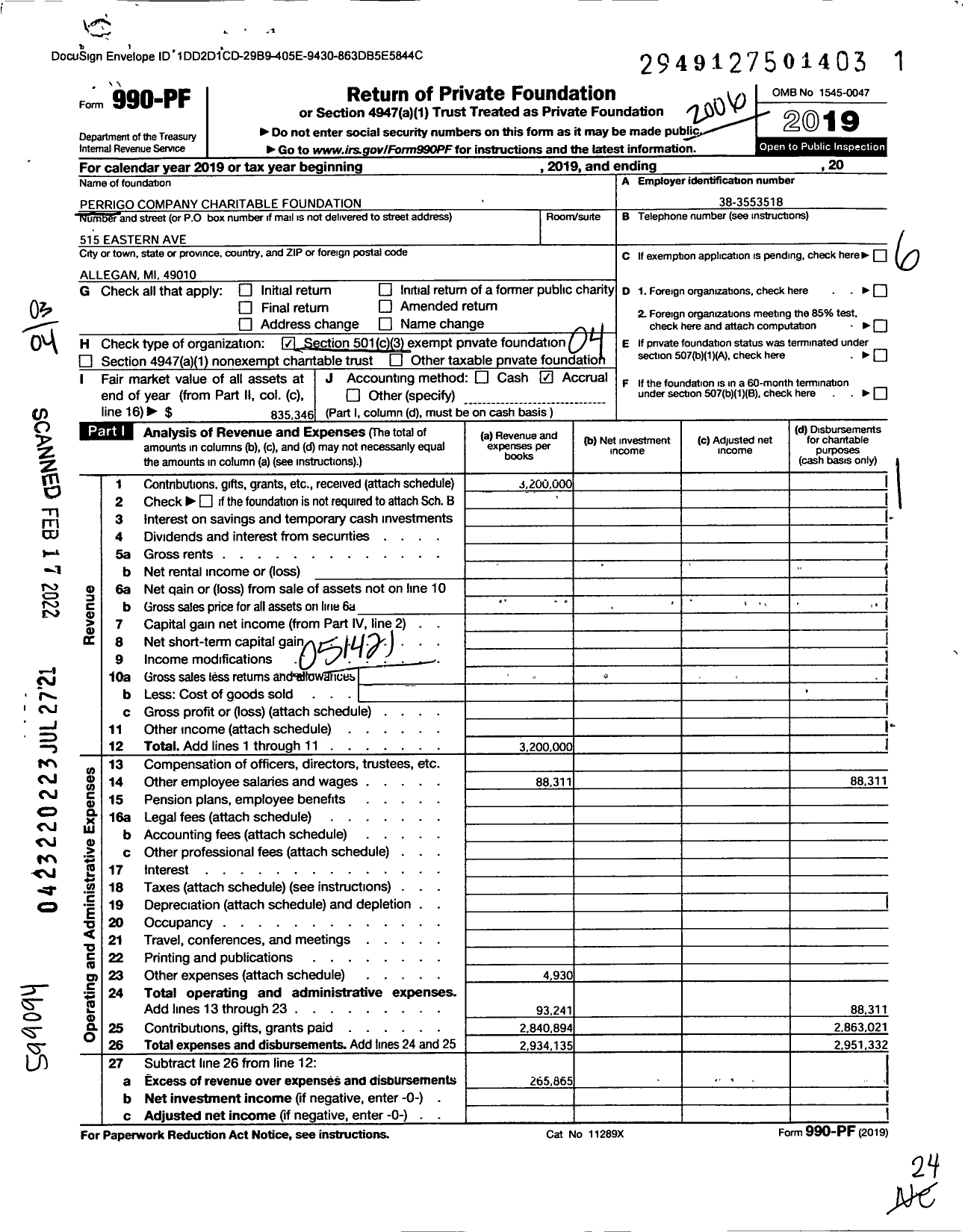 Image of first page of 2019 Form 990PF for Perrigo Company Charitable Foundation