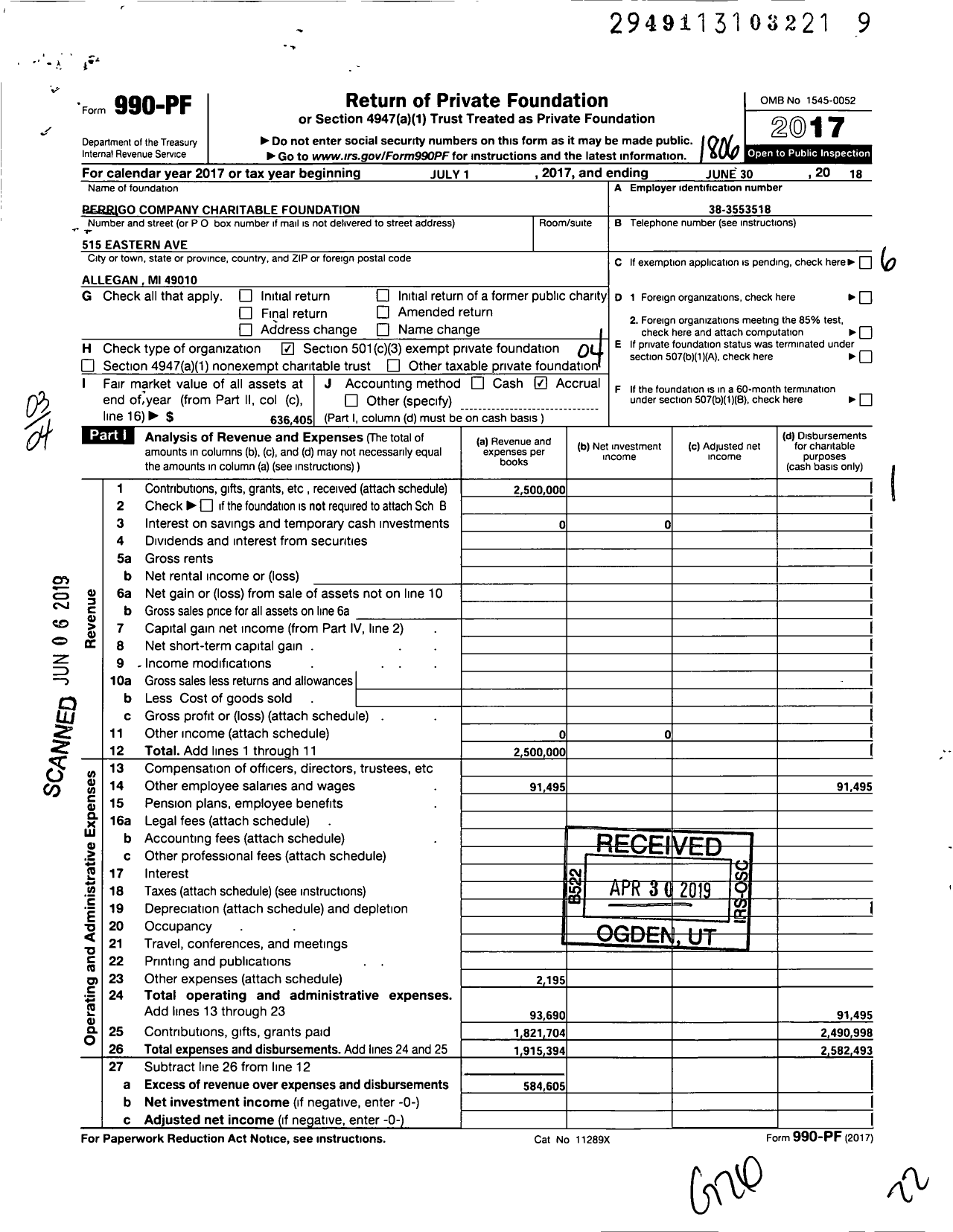 Image of first page of 2017 Form 990PF for Perrigo Company Charitable Foundation