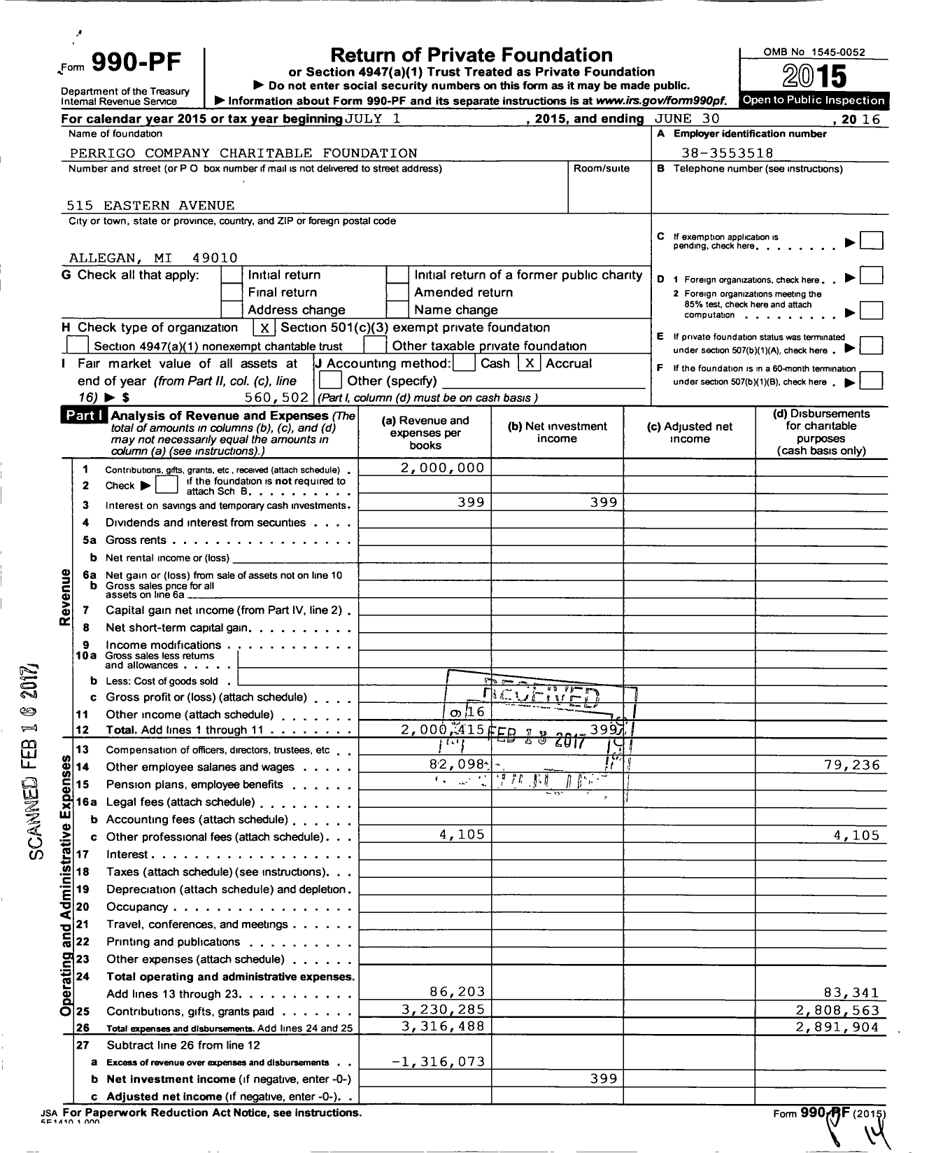 Image of first page of 2015 Form 990PF for Perrigo Company Charitable Foundation