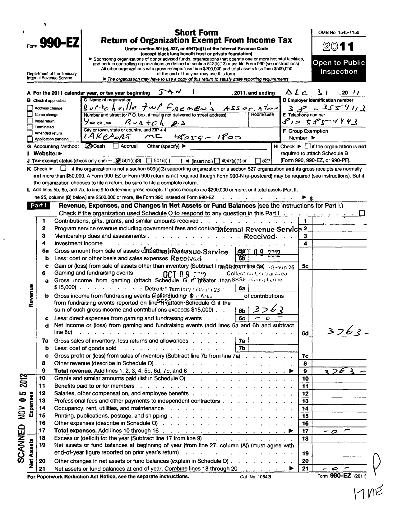 Image of first page of 2011 Form 990EZ for Burtchville TWP Firemens Association