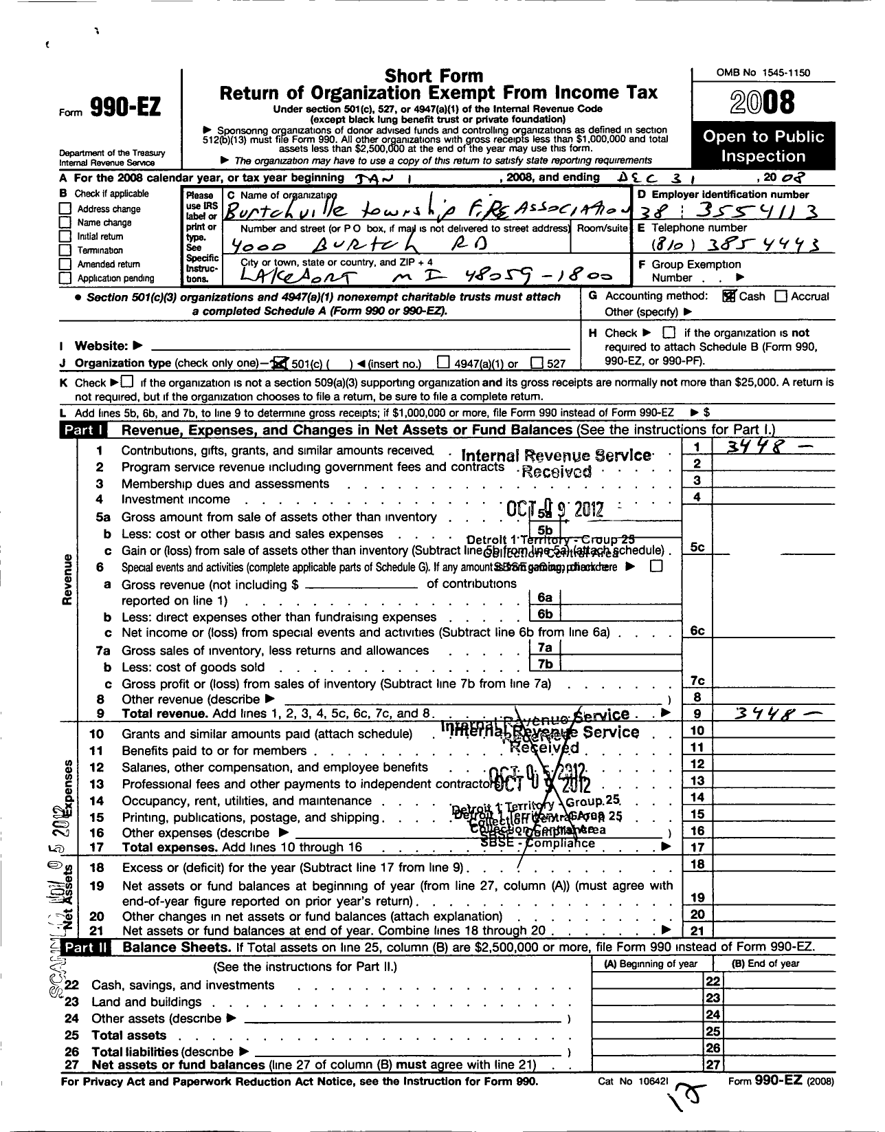 Image of first page of 2008 Form 990EO for Burtchville TWP Firemens Association