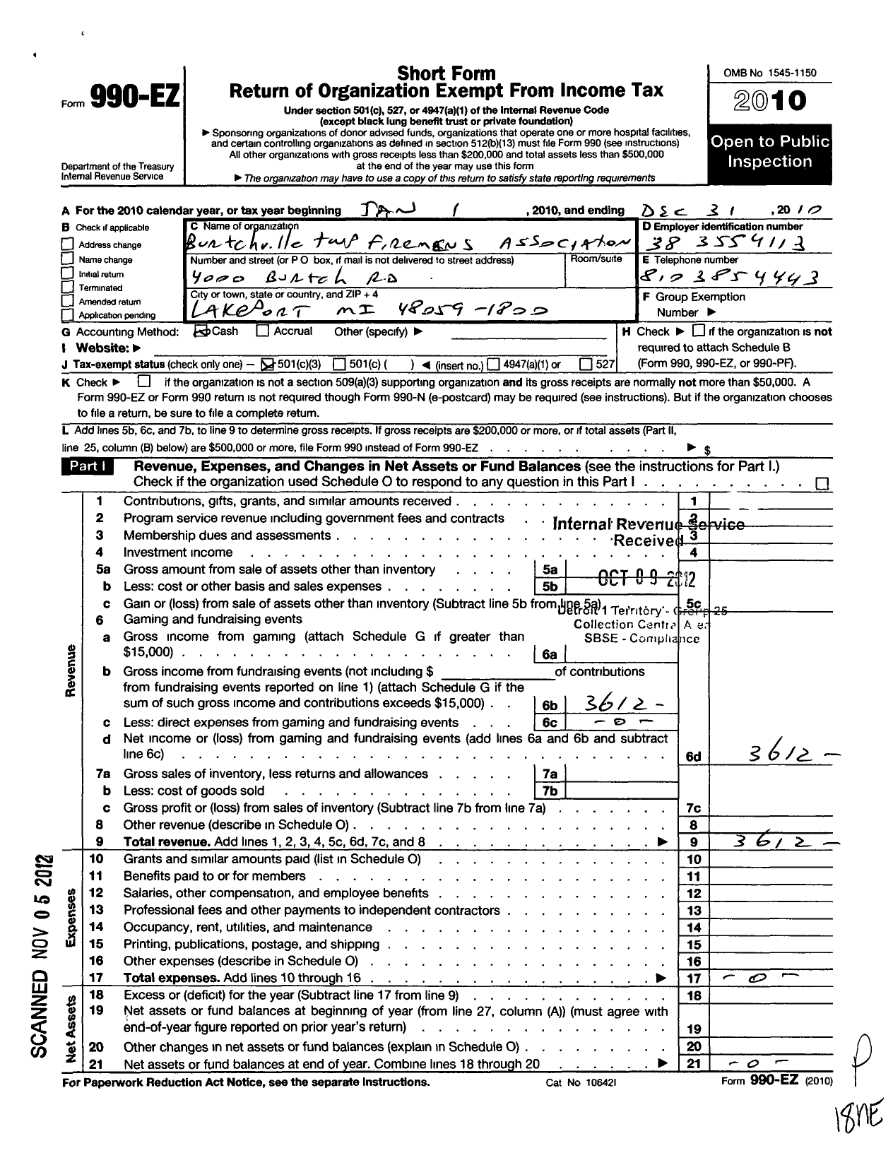 Image of first page of 2010 Form 990EZ for Burtchville TWP Firemens Association