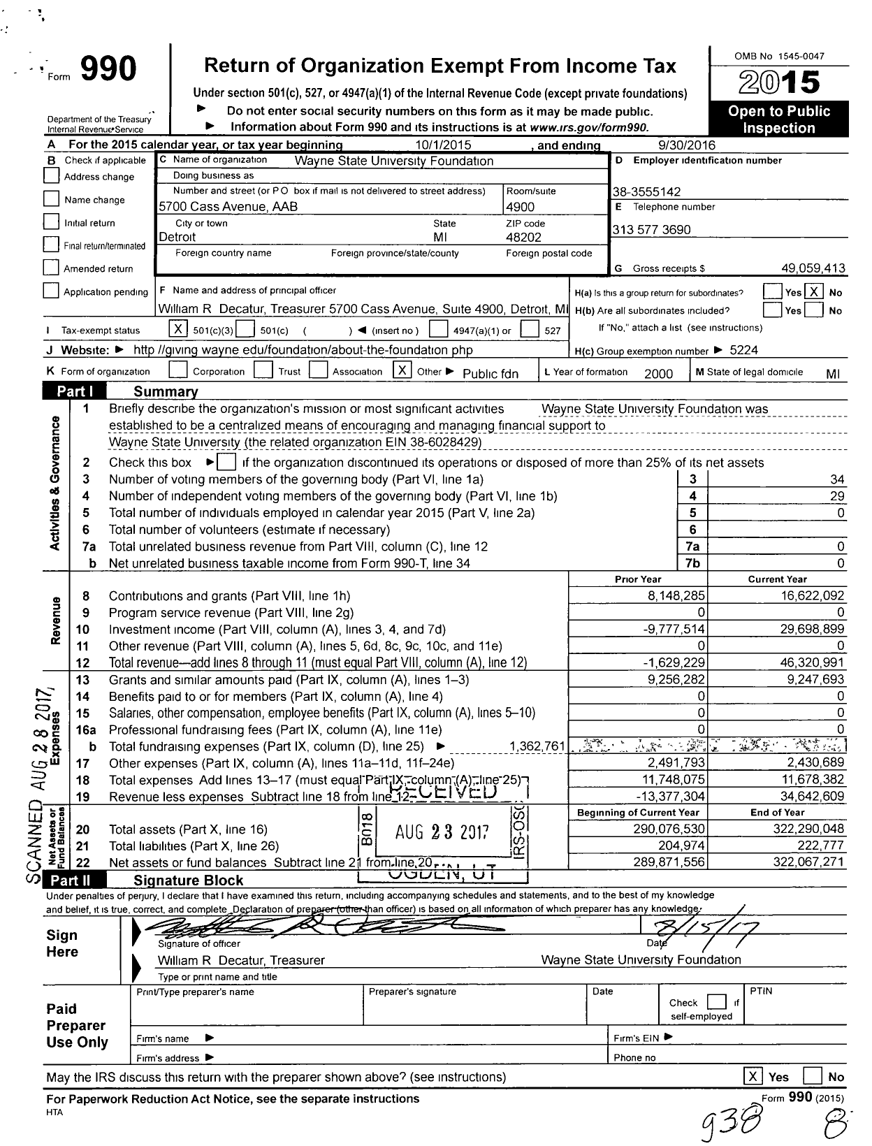 Image of first page of 2015 Form 990 for Wayne State University Foundation