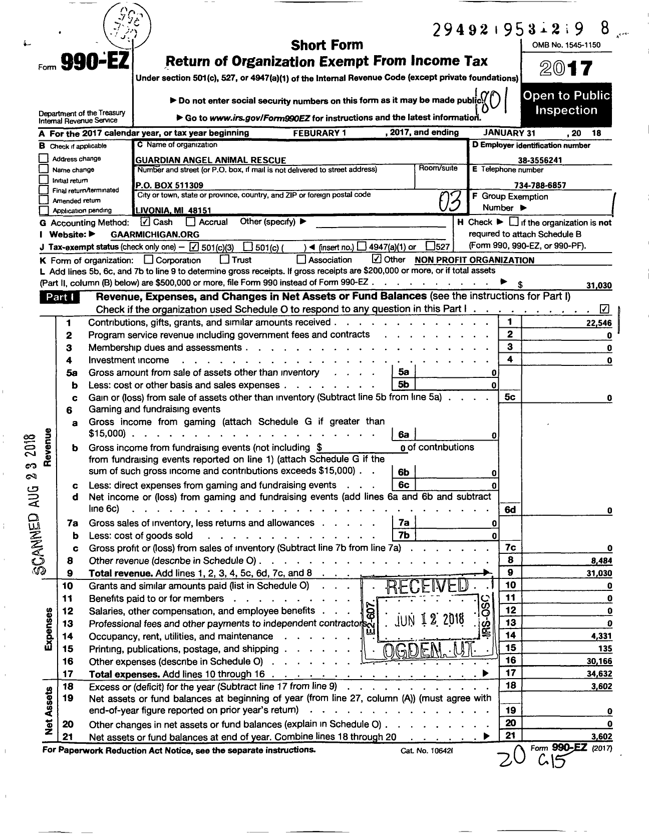 Image of first page of 2017 Form 990EZ for Guardian Angel Animal Rescue