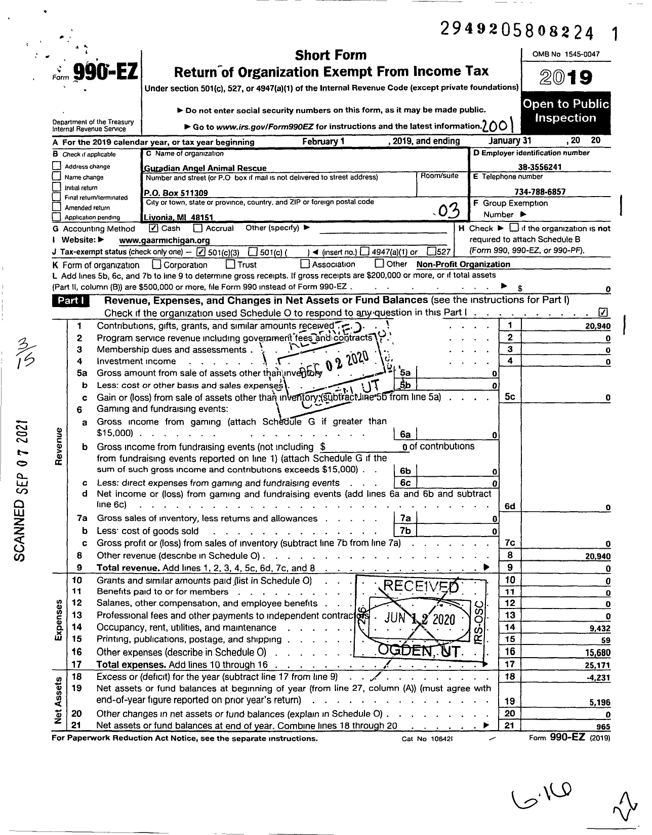 Image of first page of 2019 Form 990EZ for Guardian Angel Animal Rescue