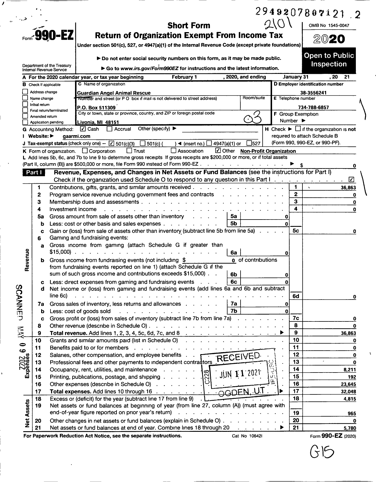 Image of first page of 2020 Form 990EZ for Guardian Angel Animal Rescue