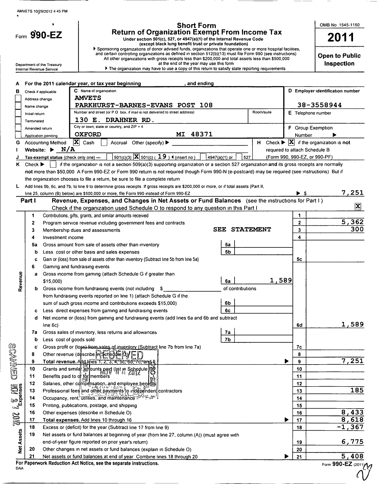 Image of first page of 2011 Form 990EO for Amvets - 0108 Mi