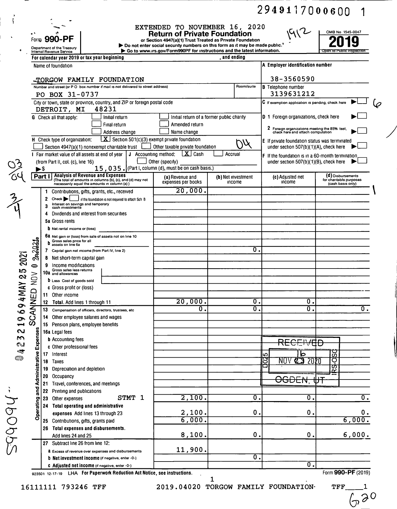 Image of first page of 2019 Form 990PF for Torgow Family Foundation