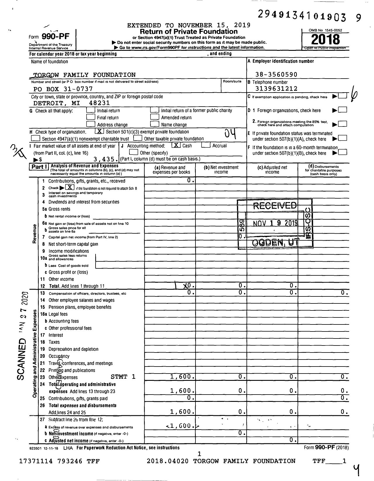 Image of first page of 2018 Form 990PF for Torgow Family Foundation