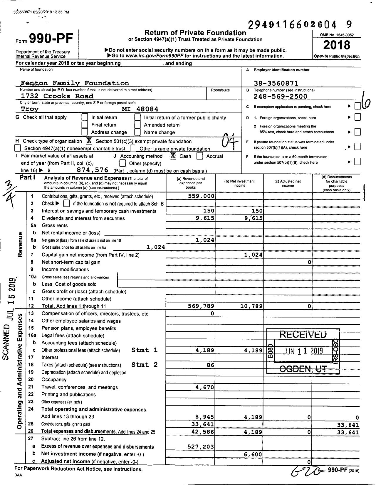 Image of first page of 2018 Form 990PF for Fenton Family Foundation