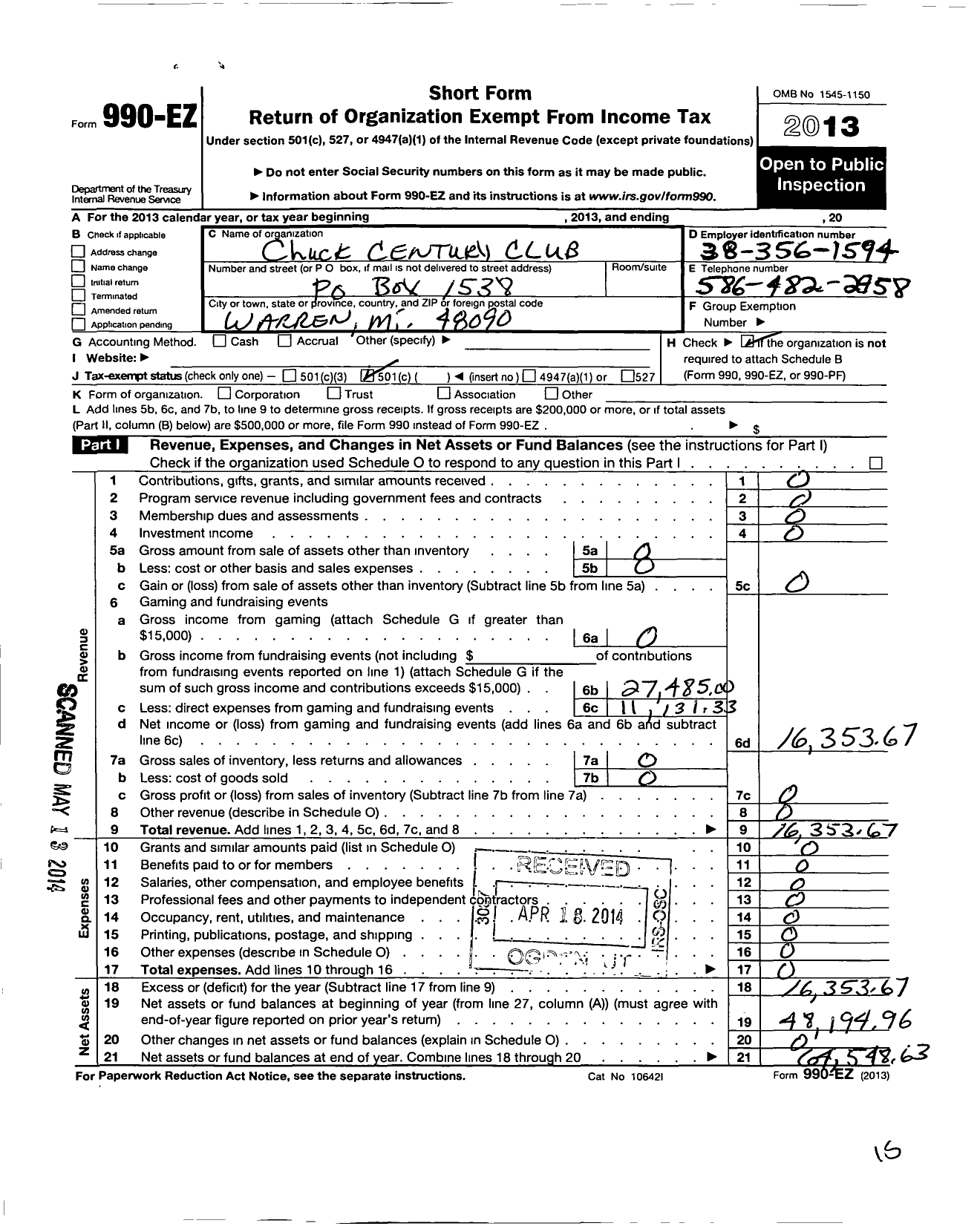 Image of first page of 2013 Form 990EO for Chuck Century Club