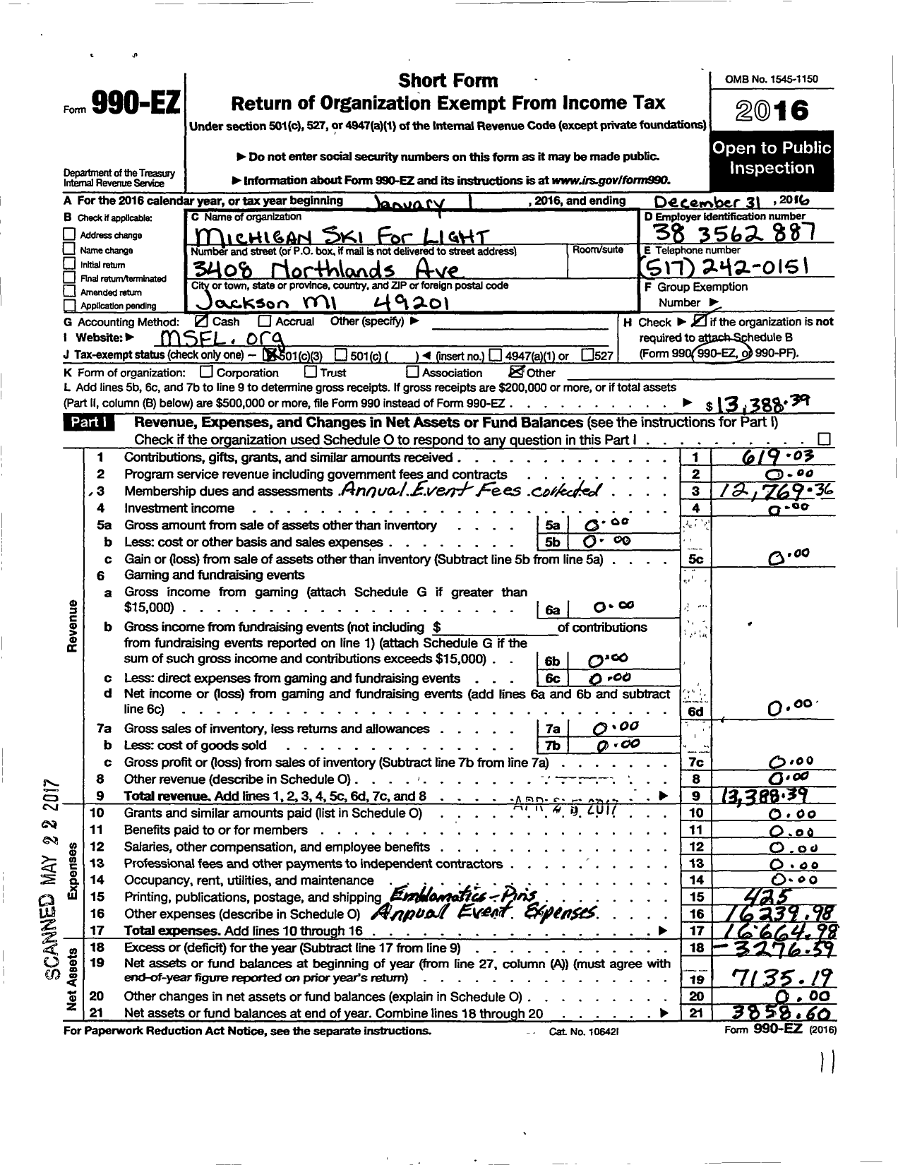 Image of first page of 2016 Form 990EZ for Michigan Ski for Light