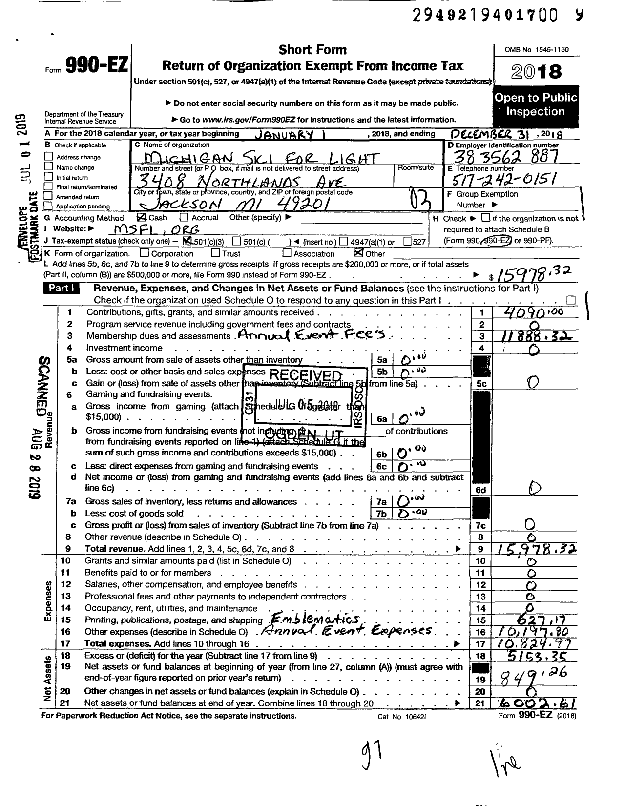 Image of first page of 2018 Form 990EZ for Michigan Ski for Light