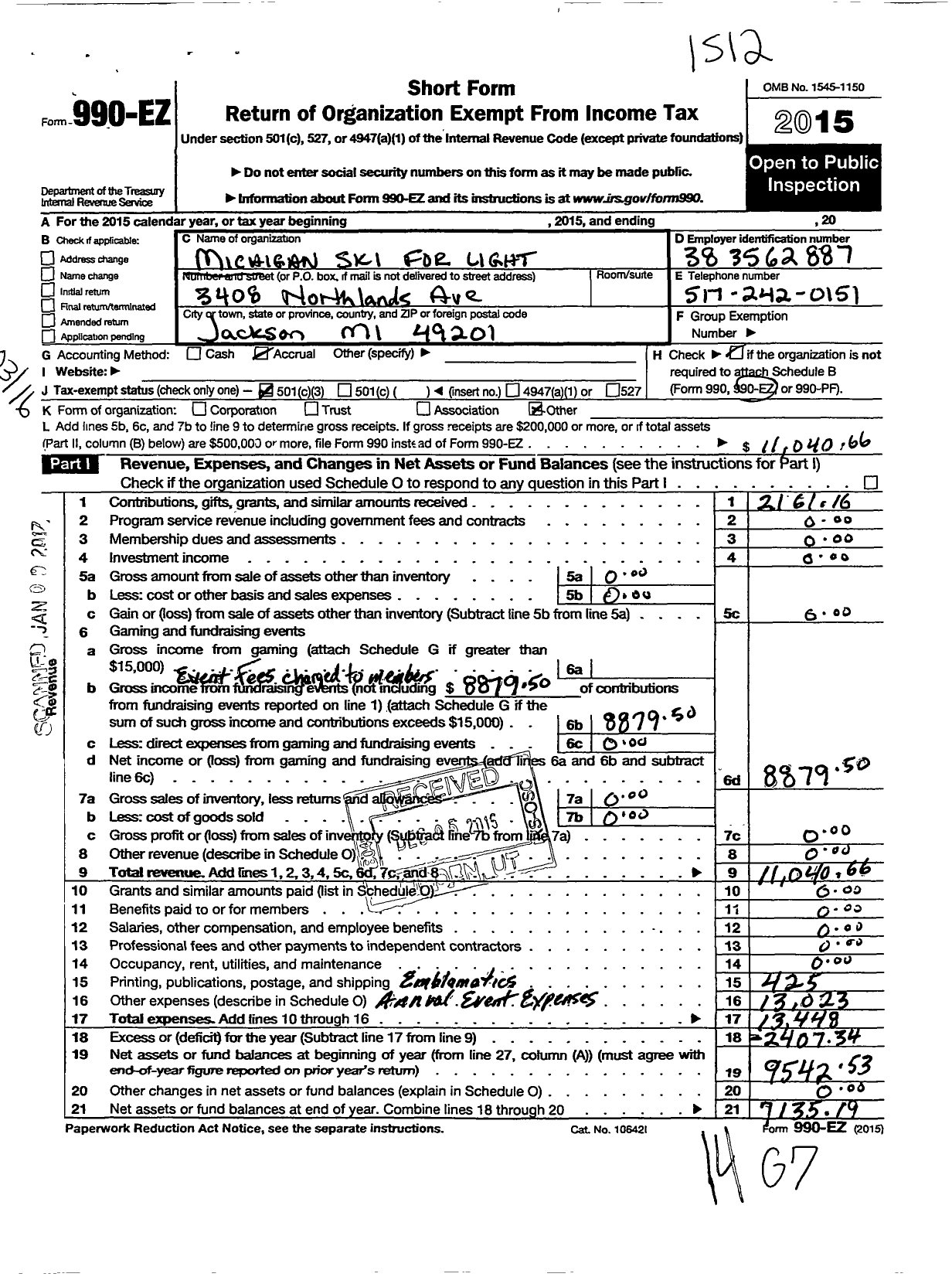 Image of first page of 2015 Form 990EZ for Michigan Ski for Light