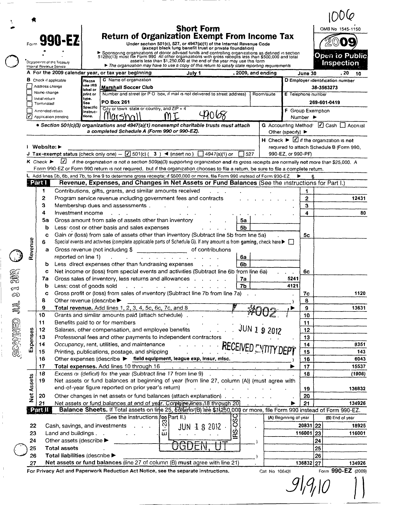 Image of first page of 2009 Form 990EZ for Marshall Soccer Club