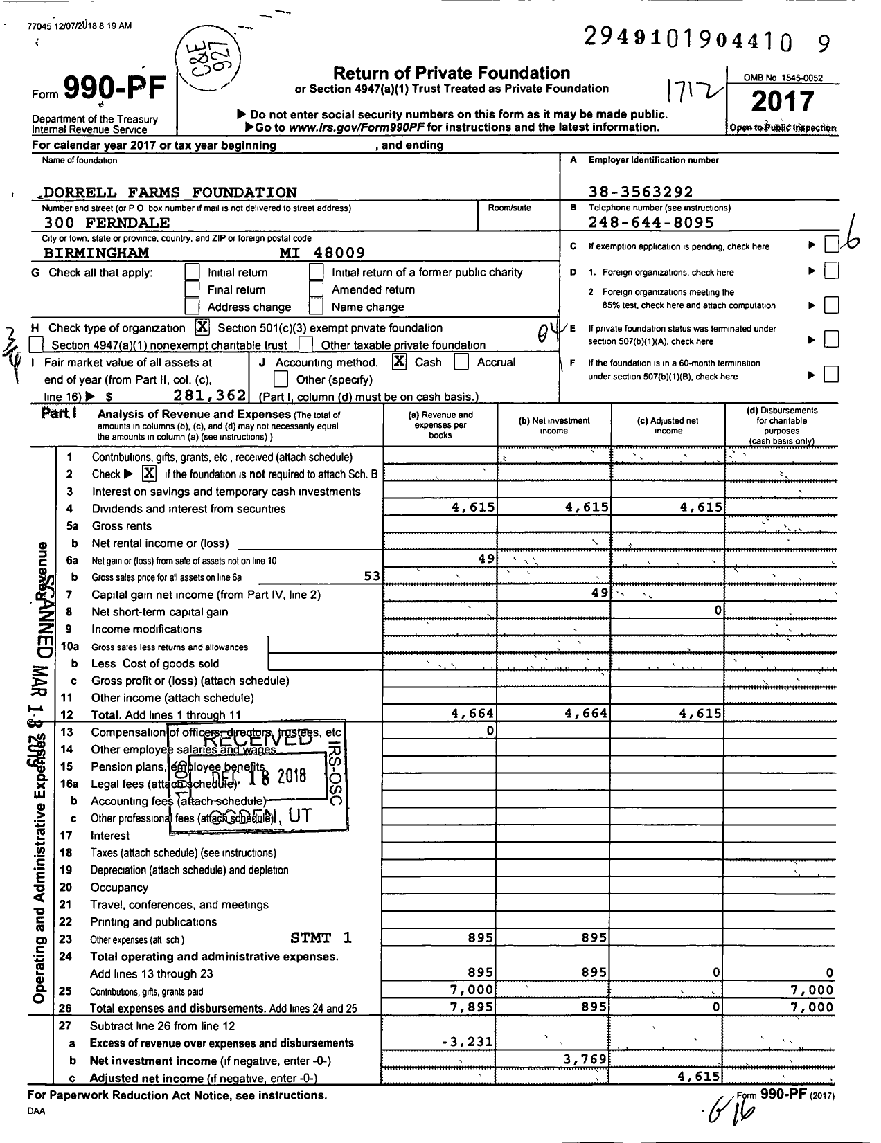 Image of first page of 2017 Form 990PF for Dorrell Farms Foundation