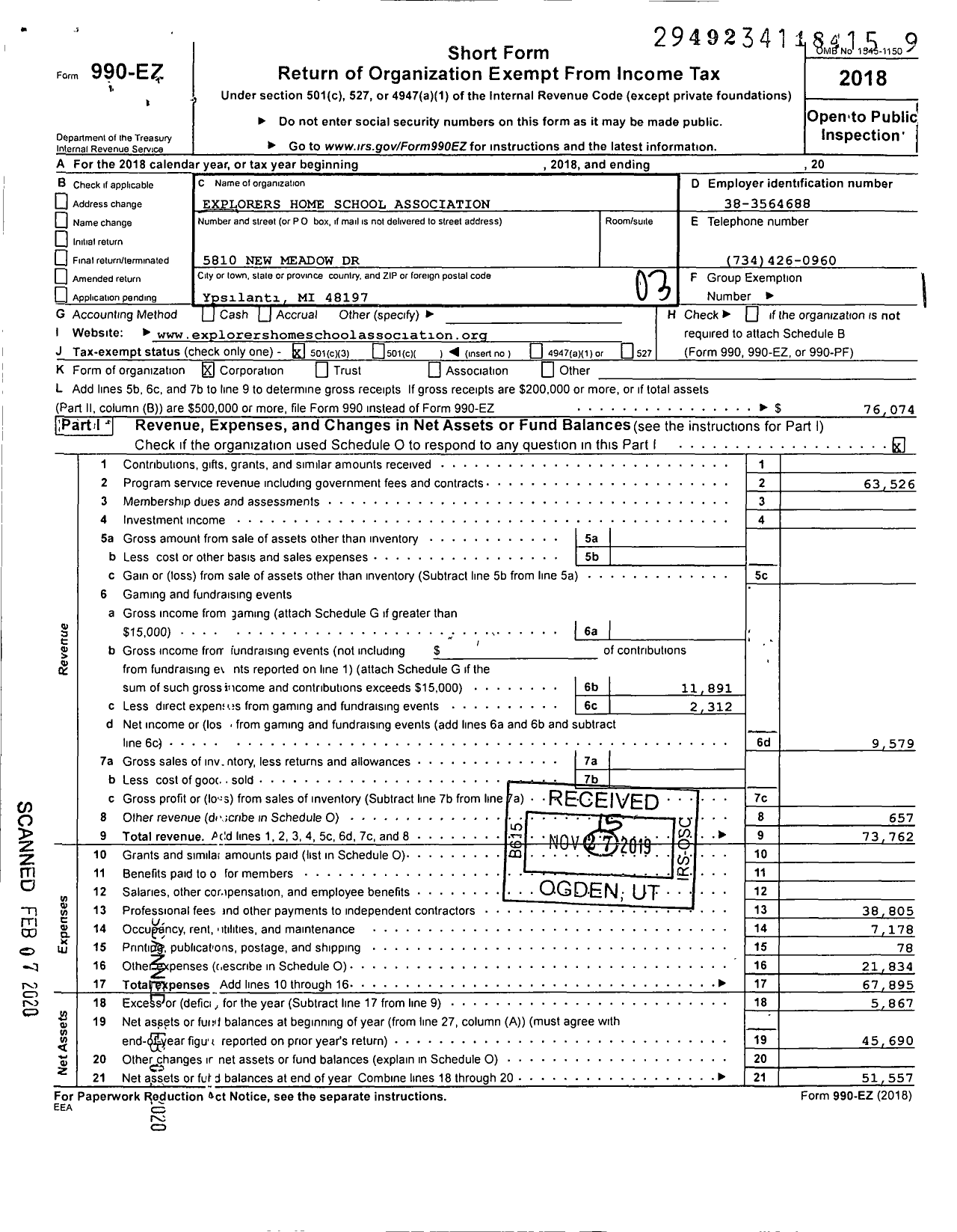 Image of first page of 2018 Form 990EZ for Explorers Home School Association