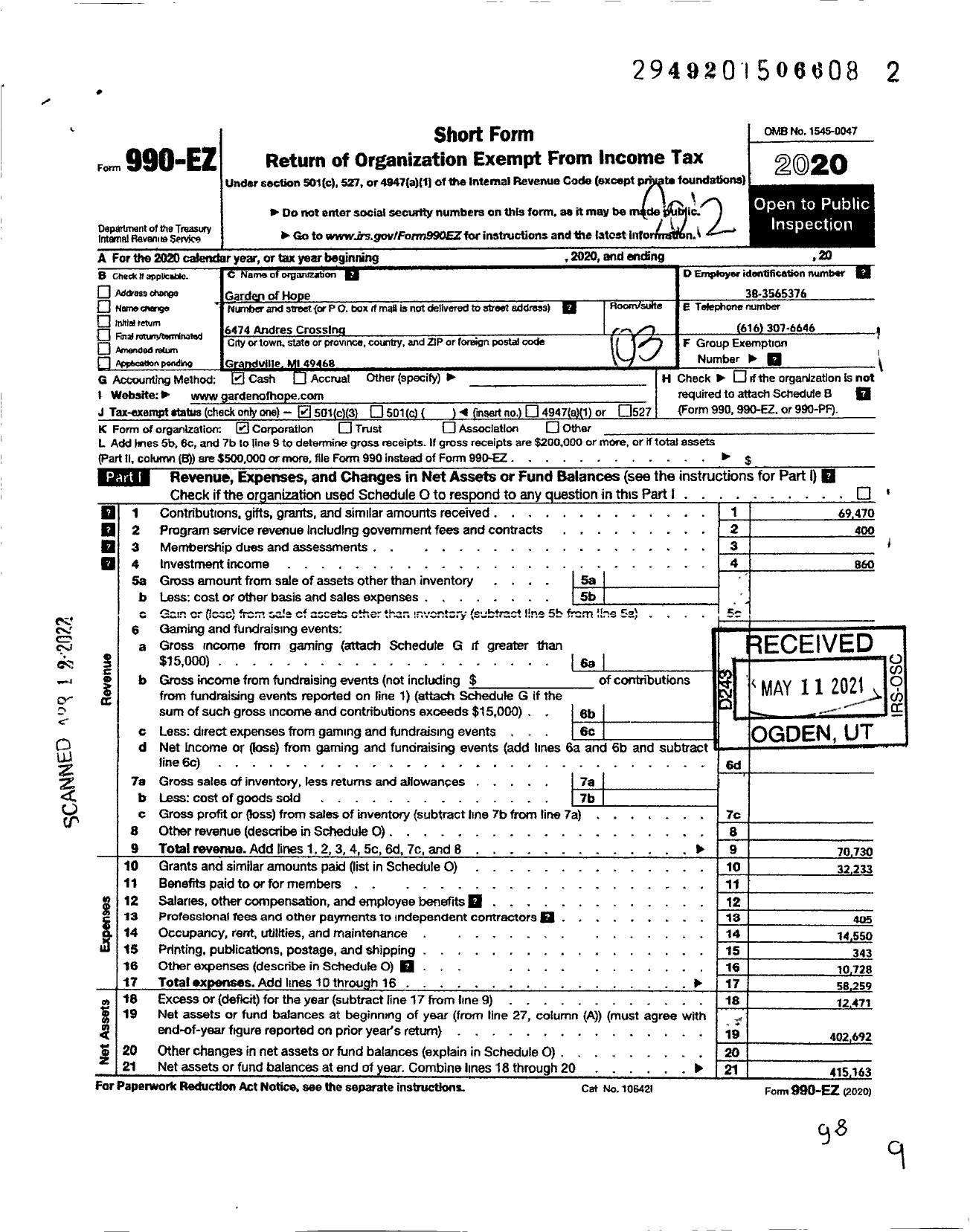 Image of first page of 2020 Form 990EZ for Garden of Hope