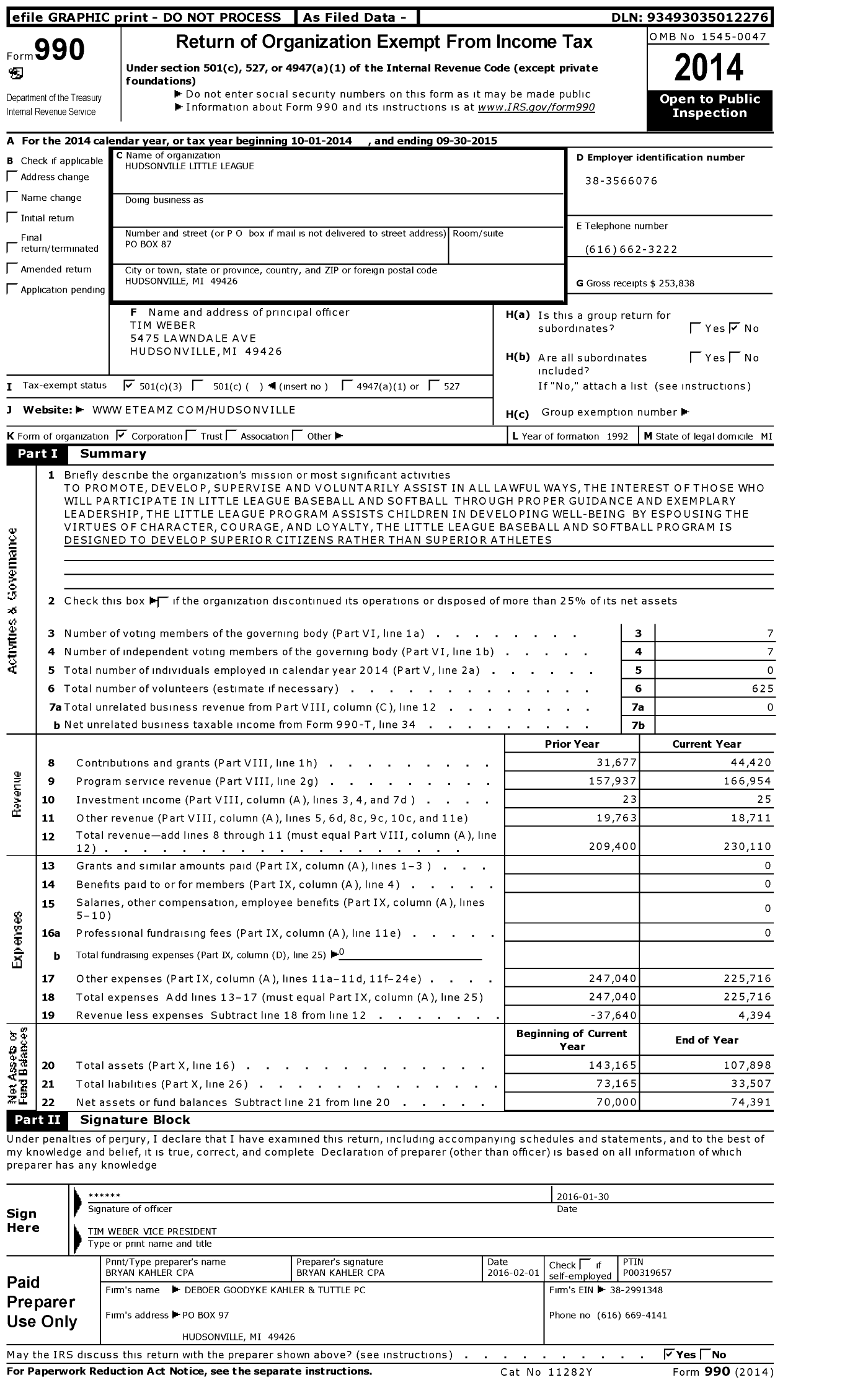 Image of first page of 2014 Form 990 for Little League Baseball - 1220914 Hudsonville LL