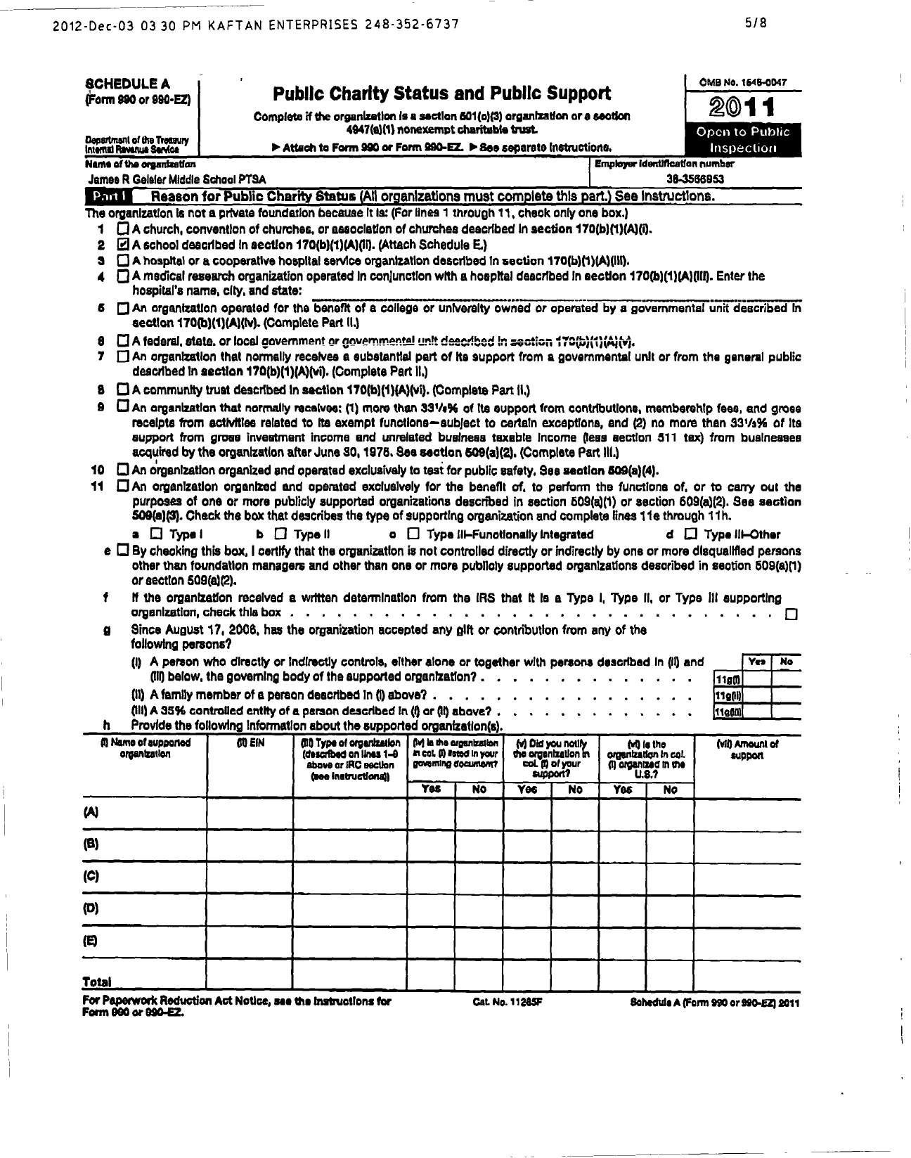 Image of first page of 2011 Form 990ER for Ptsa Michigan Congress of Parents Teachers and Students / James R Geisler Middle School Ptsa