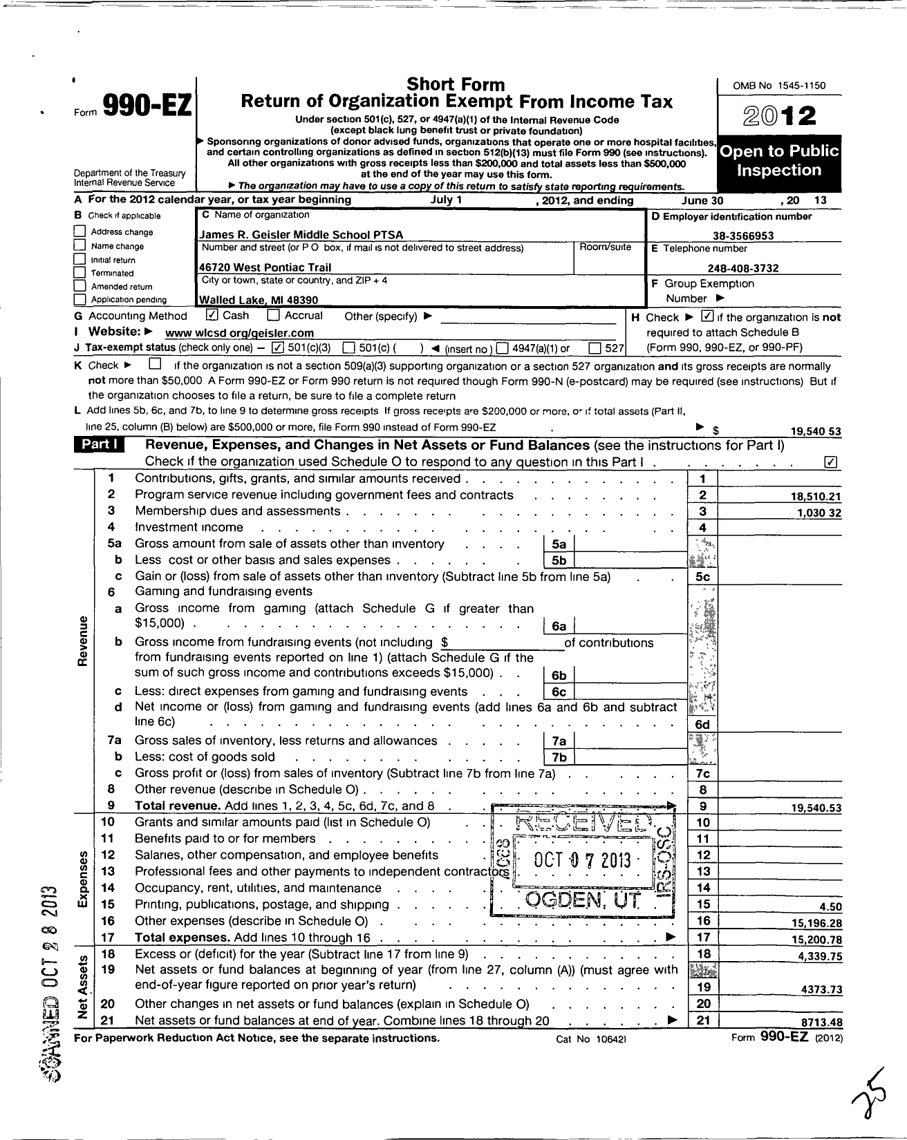 Image of first page of 2012 Form 990EZ for Ptsa Michigan Congress of Parents Teachers and Students / James R Geisler Middle School Ptsa