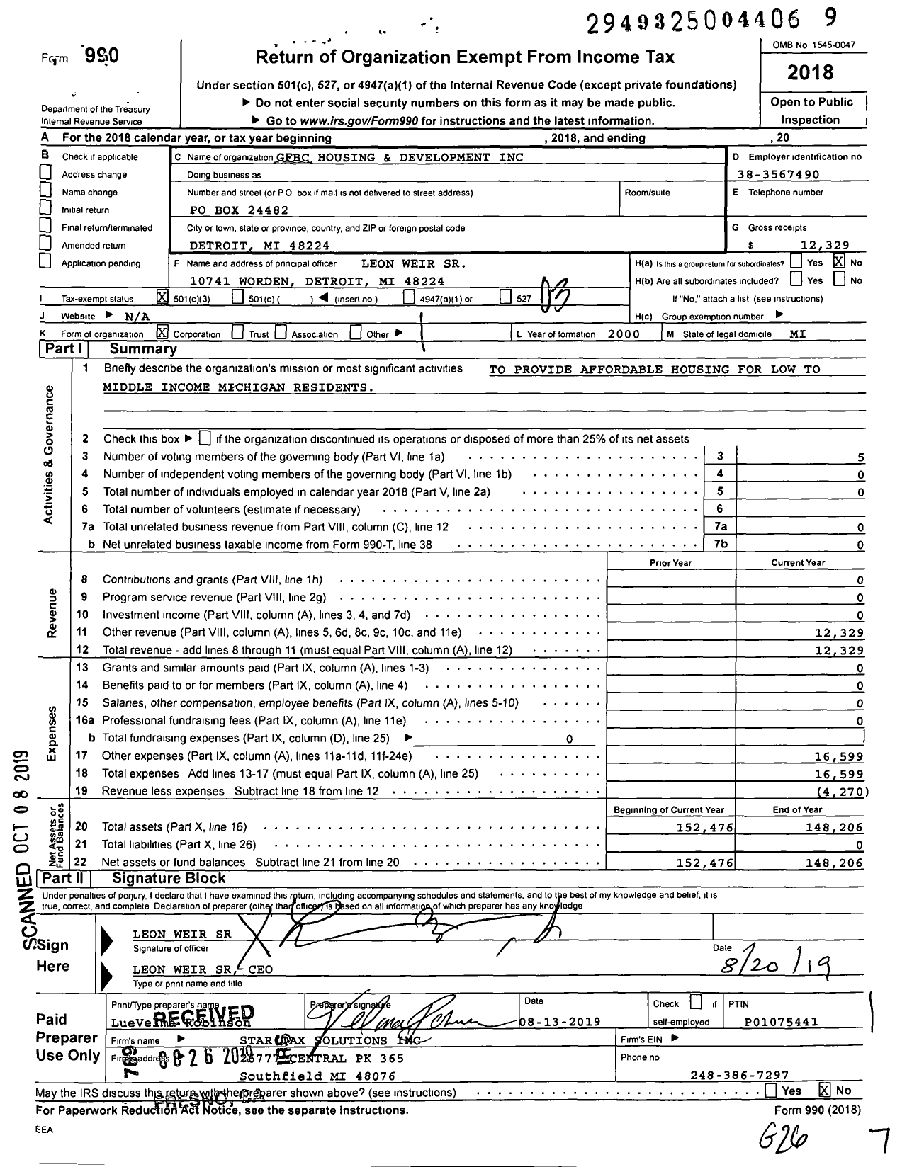 Image of first page of 2018 Form 990 for GFBC Housing and Development
