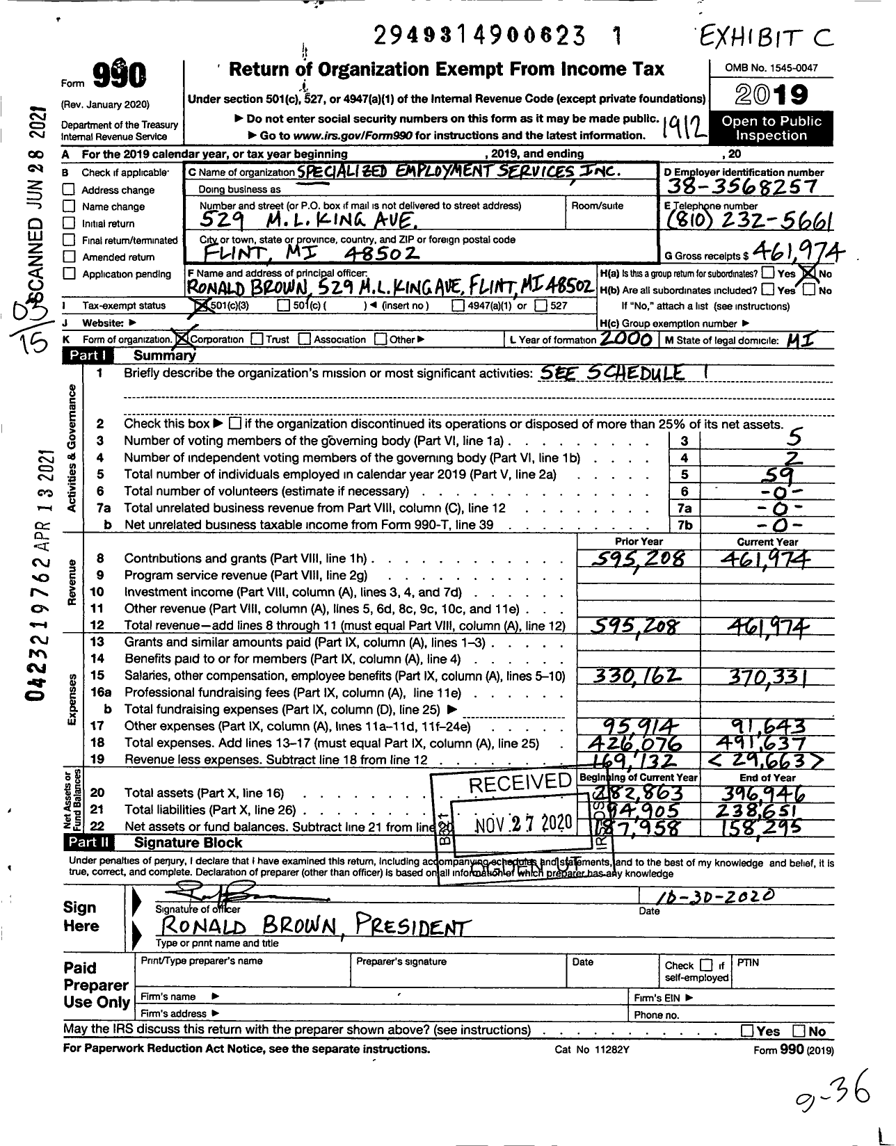 Image of first page of 2019 Form 990 for Specialized Employment Services