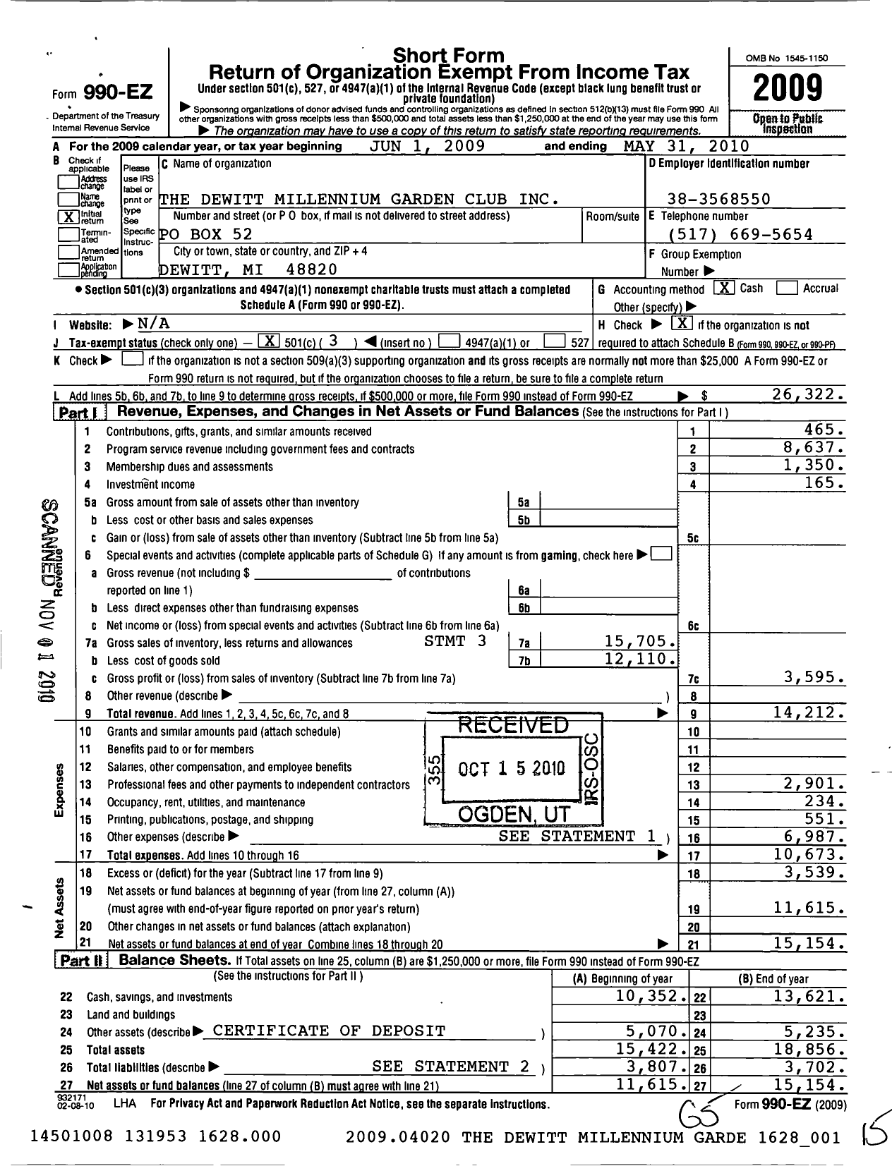 Image of first page of 2009 Form 990EZ for The Dewitt Millennium Garden Club Incorporated