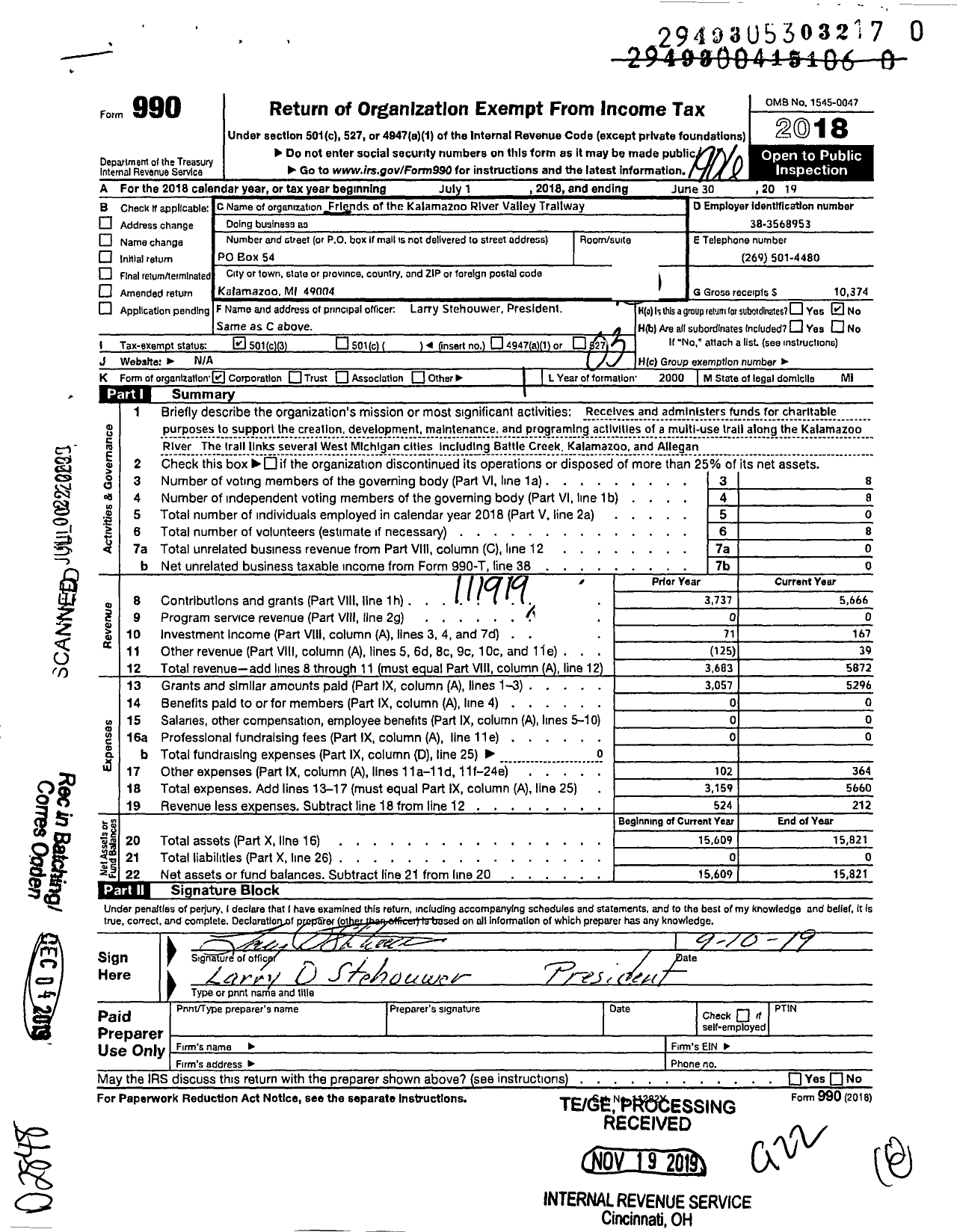 Image of first page of 2018 Form 990 for Friends of the Kalamzoo River Valley Trailway