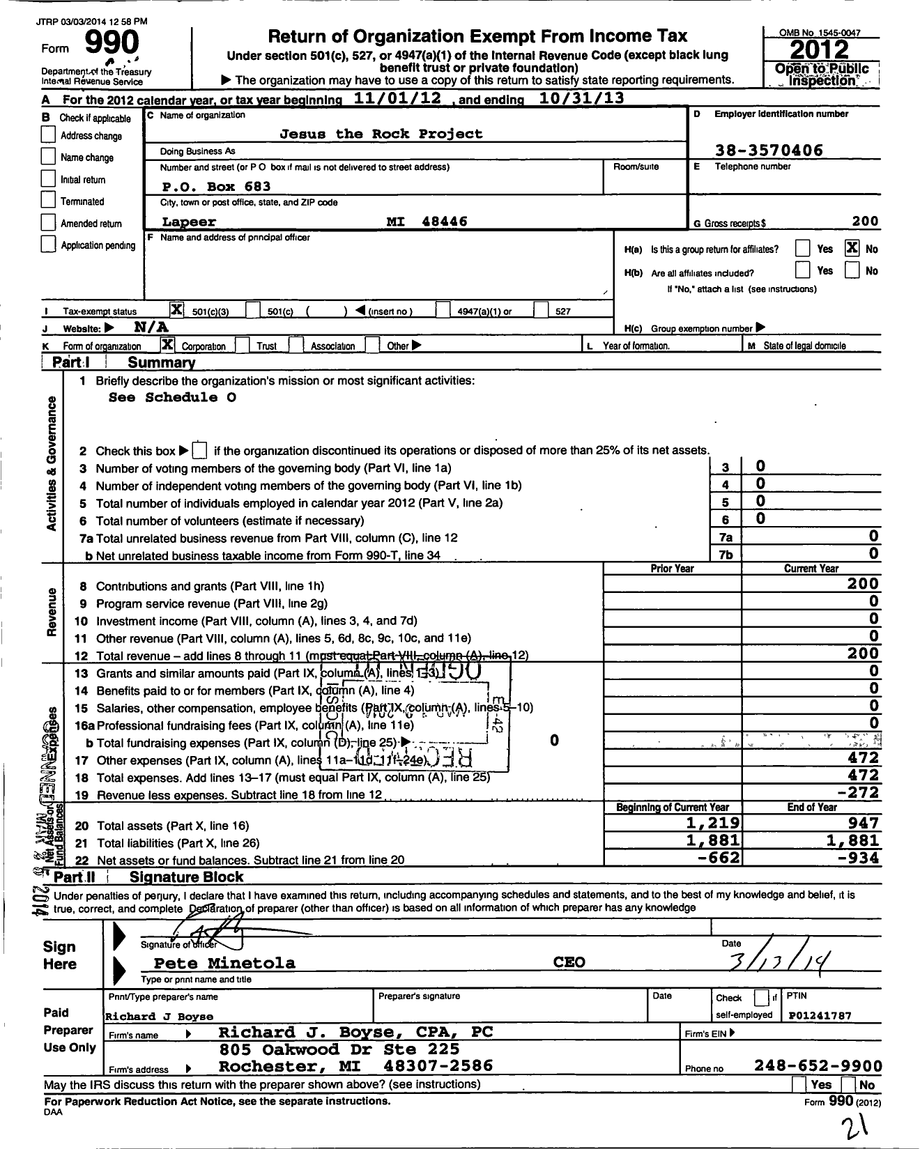 Image of first page of 2012 Form 990 for Jesus the Rock Project