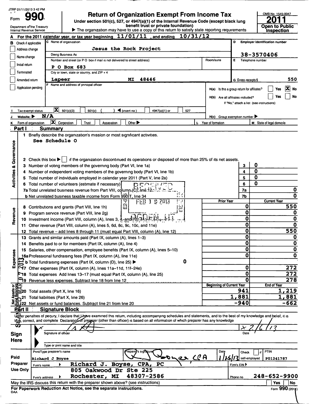 Image of first page of 2011 Form 990 for Jesus the Rock Project