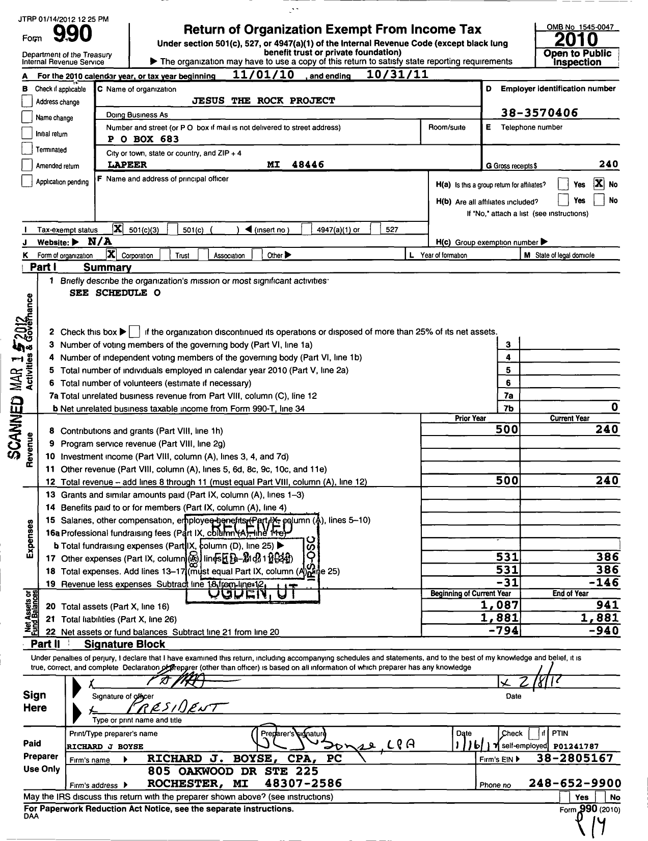 Image of first page of 2010 Form 990 for Jesus the Rock Project