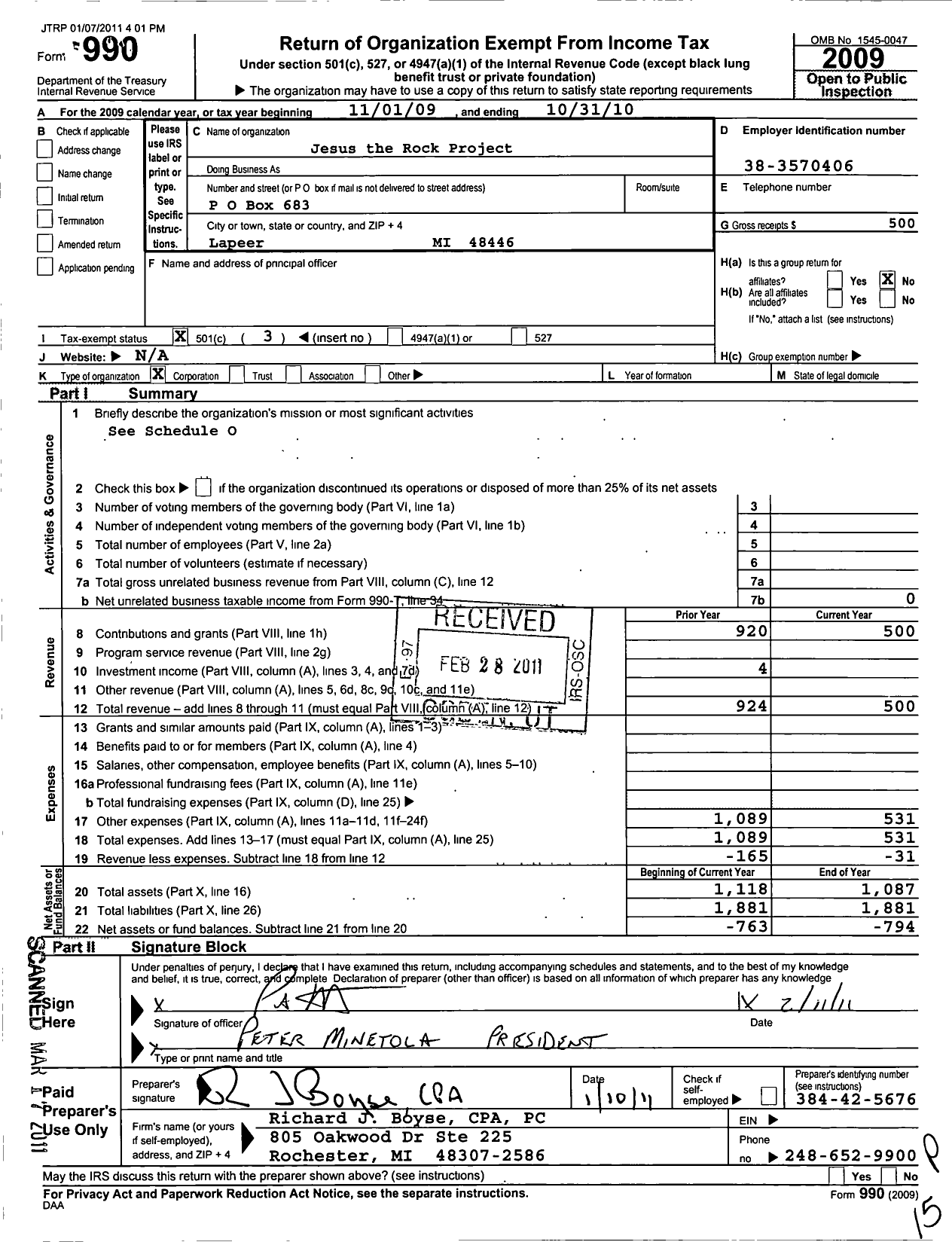 Image of first page of 2009 Form 990 for Jesus the Rock Project