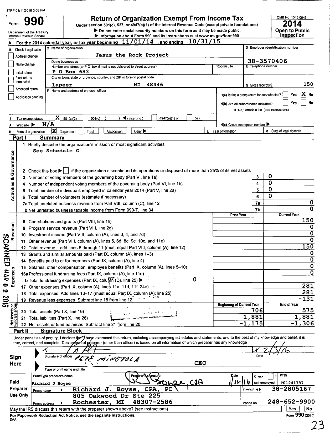 Image of first page of 2014 Form 990 for Jesus the Rock Project