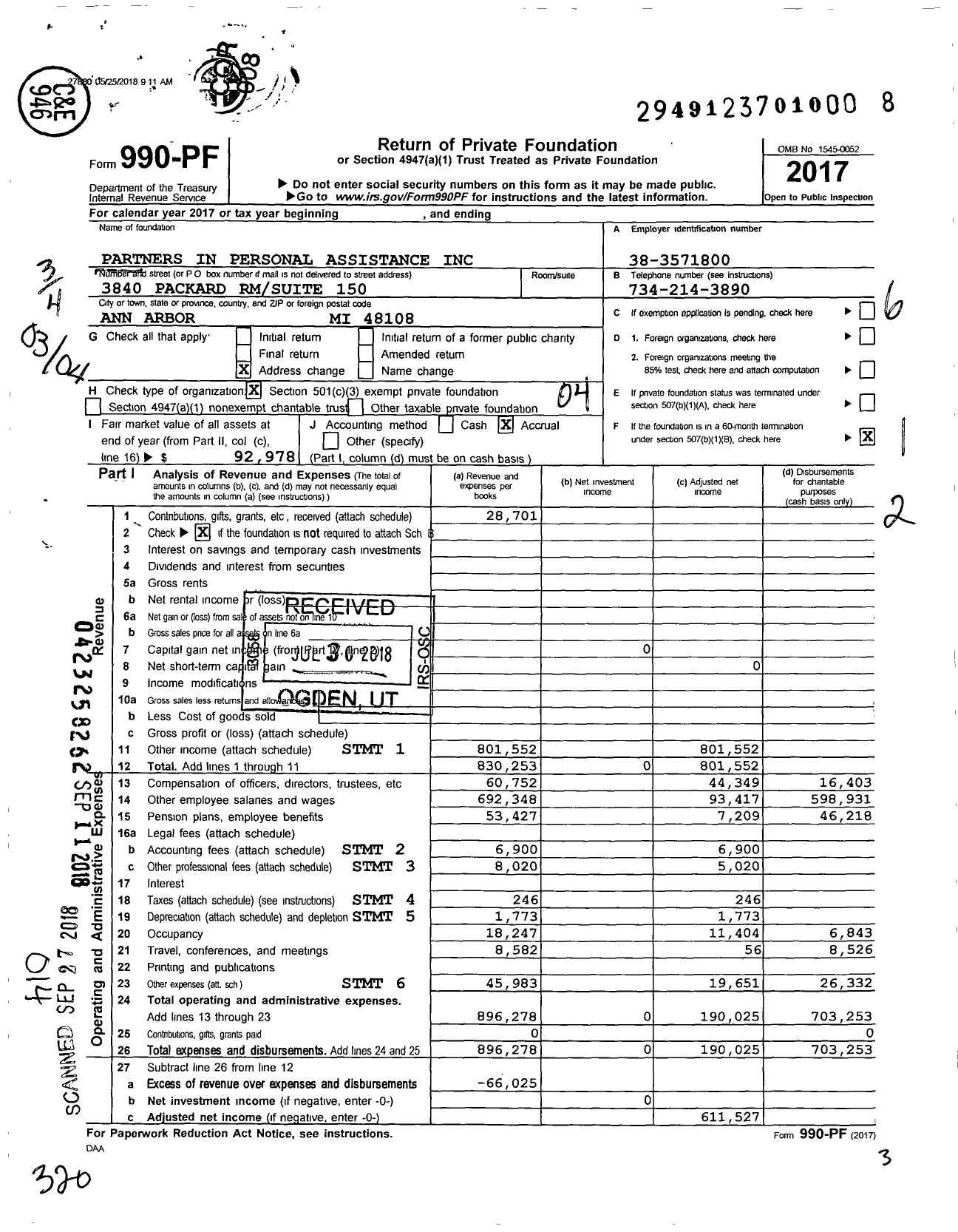 Image of first page of 2017 Form 990PF for Partners in Personal Assistance
