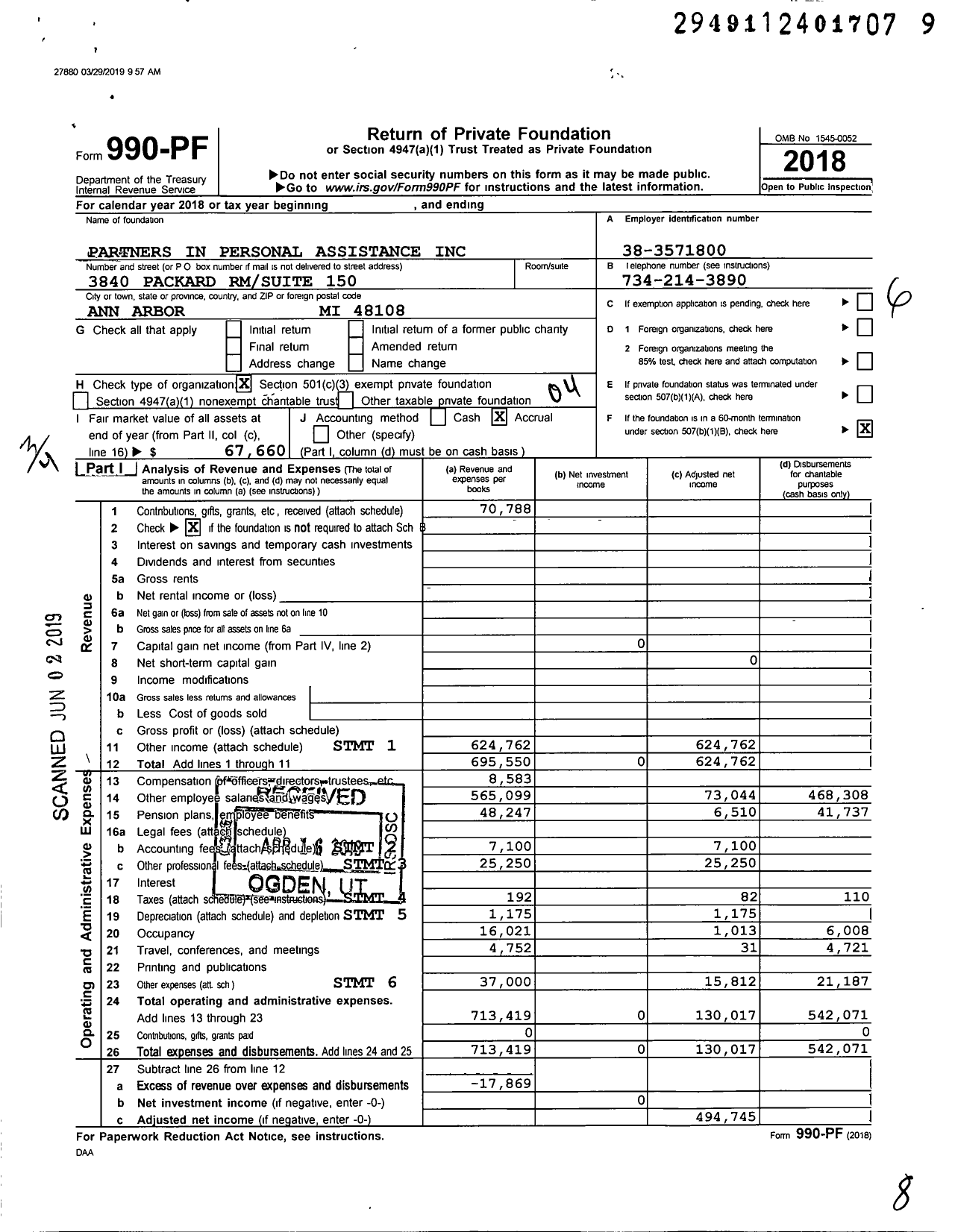 Image of first page of 2018 Form 990PF for Partners in Personal Assistance