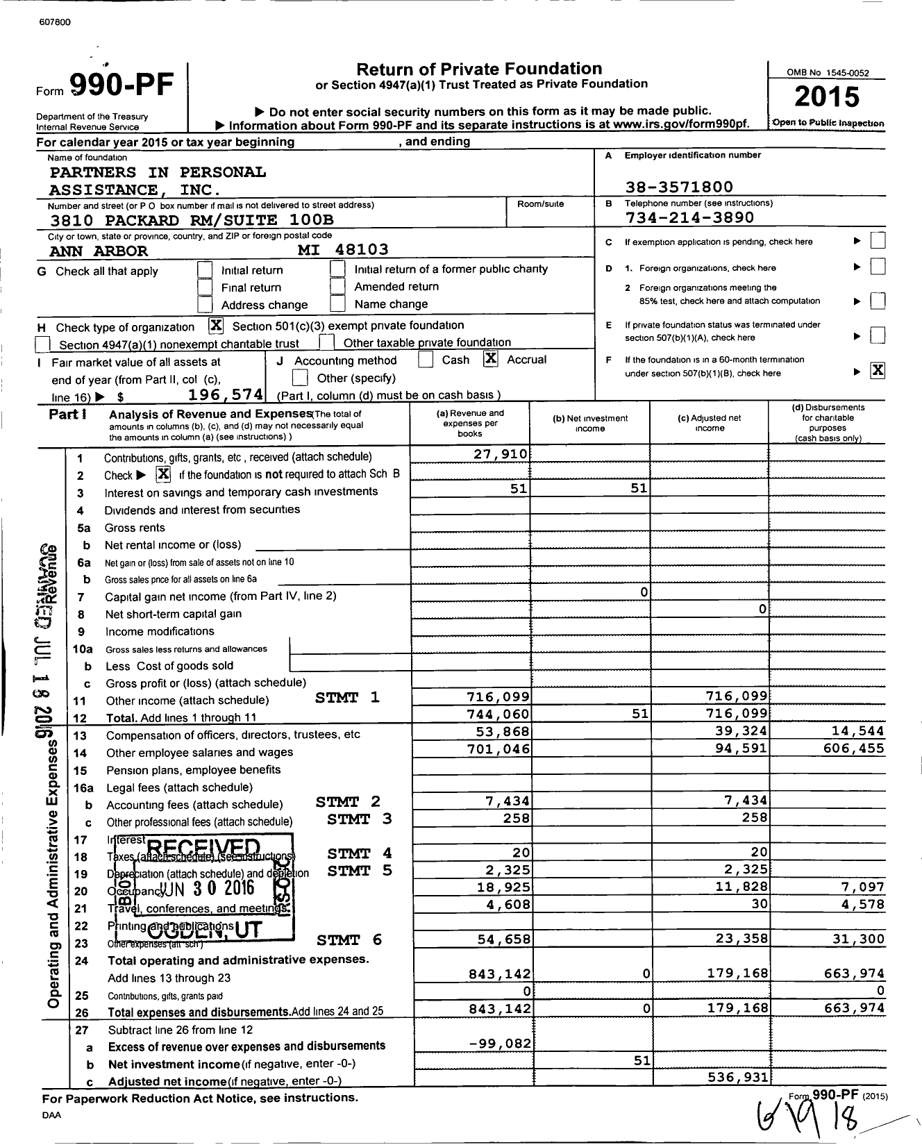 Image of first page of 2015 Form 990PF for Partners in Personal Assistance