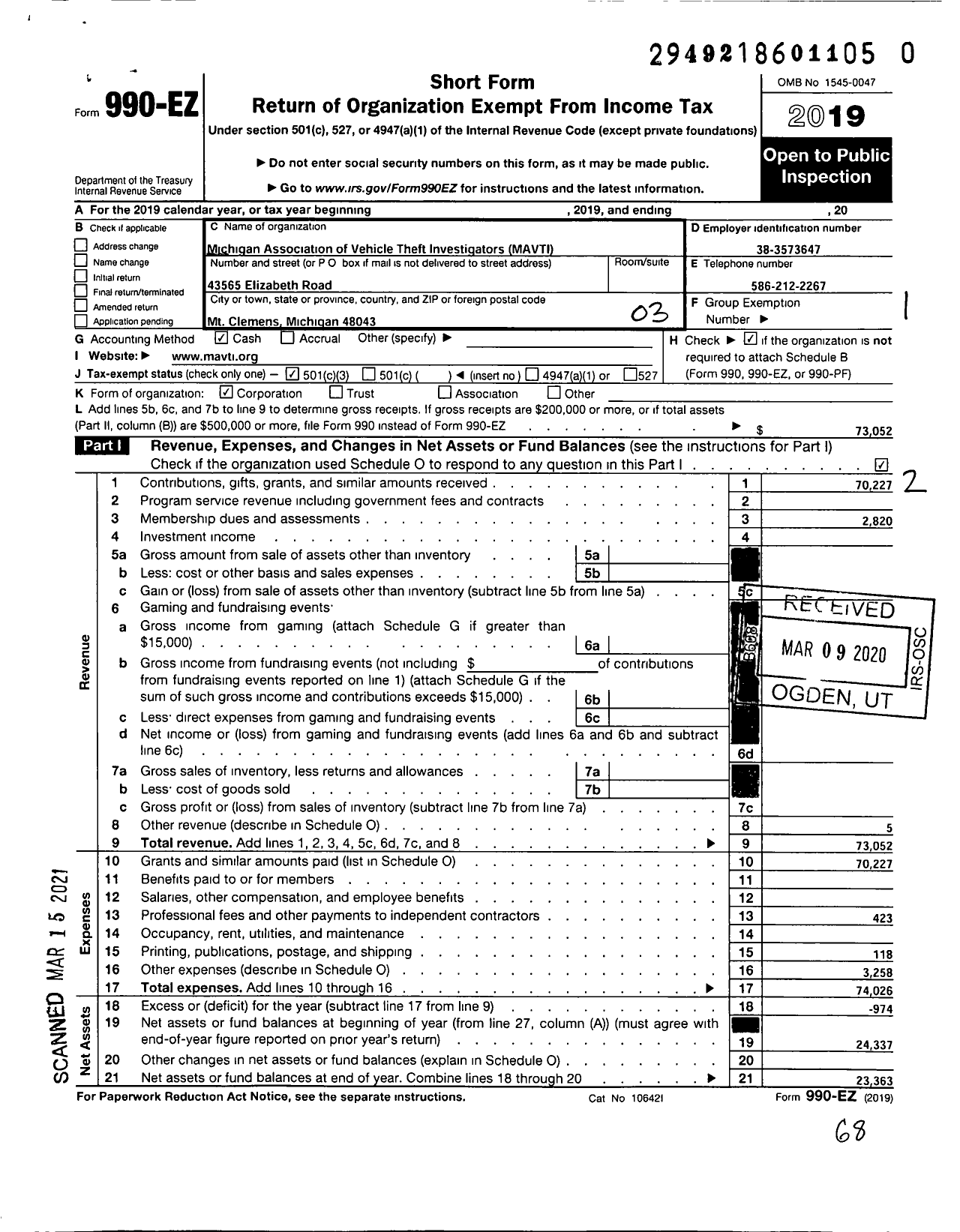 Image of first page of 2019 Form 990EZ for Michigan Association of Vehicle Theft Investigators